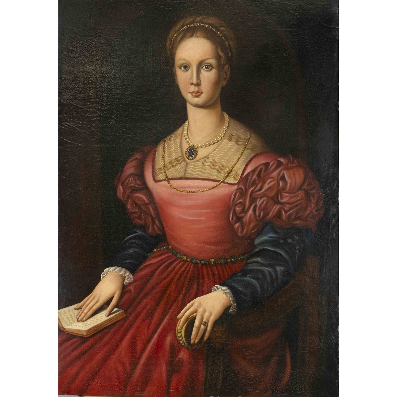 Agnolo Bronzino (1503-1572), copy a: Agnolo Bronzino (1503-1572), copy after, Portrait of Lucrezia Panciatichi, anonymous 20th century copyist, oil on canvas, craquelure, unsigned, 100 x 69 cm