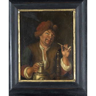 Cornelis Pietersz Bega (1631-1664),: Cornelis Pietersz Bega (1631-1664), 18th century succession, Drinker with a jug and pipe, oil/wood panel, verso seal and attribution to Bega, 20 x 24 cm, 46 x 40 cm