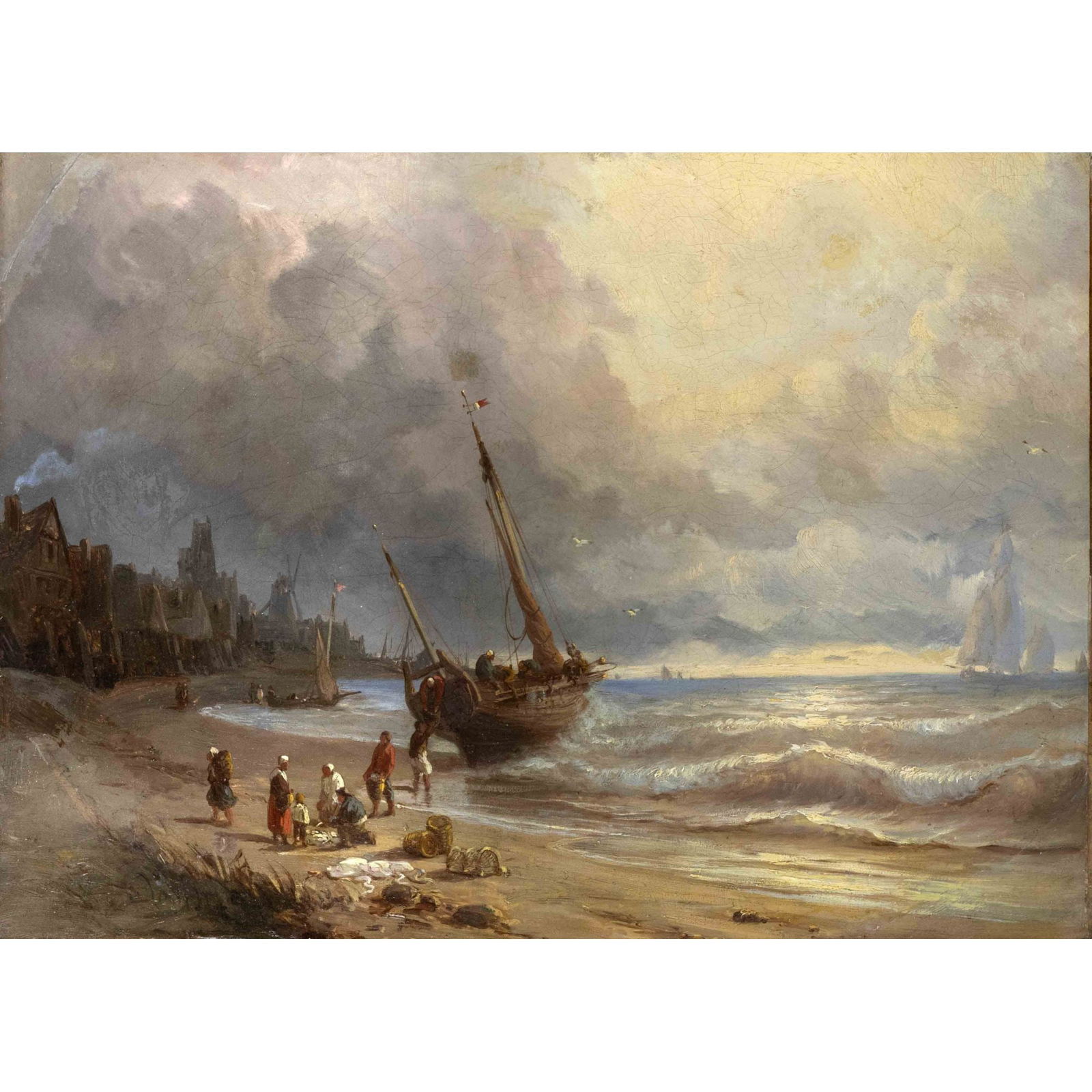 Anonymous Dutch marine painter of the 1: Anonymous Dutch marine painter of the 19th century, Fisherman on the beach during a storm with a city silhouette, oil on canvas, unsigned, relined, restored and retouched, 38 x 54 cm