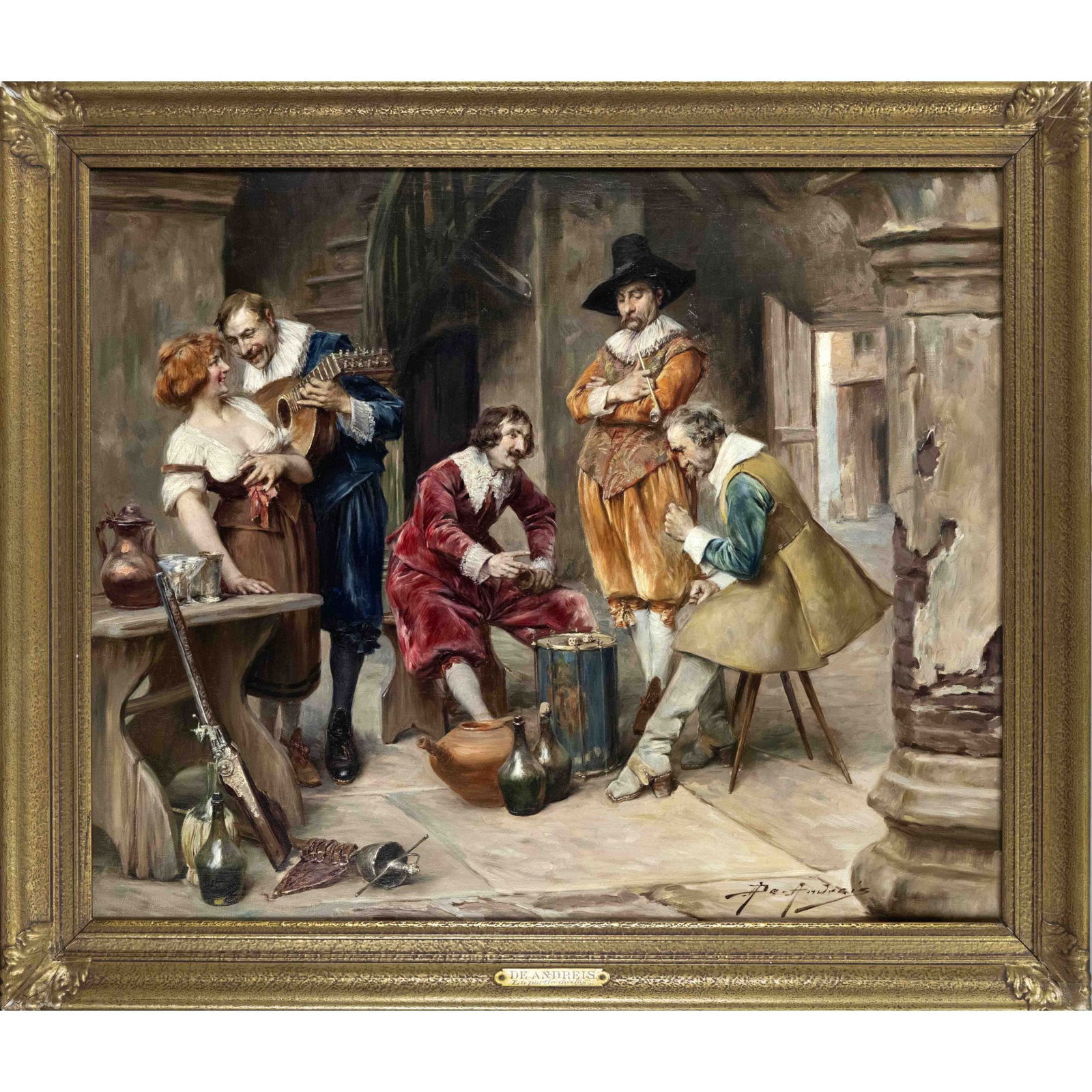 Alex de Andreis (1880-1929), Belgian ge: Alex de Andreis (1880-1929), Belgian genre and history painter, "Die Würfelspieler", tavern scene with gentlemen in the style of the 17th century, oil on canvas, signed lower right, 66 x 82 cm, frame