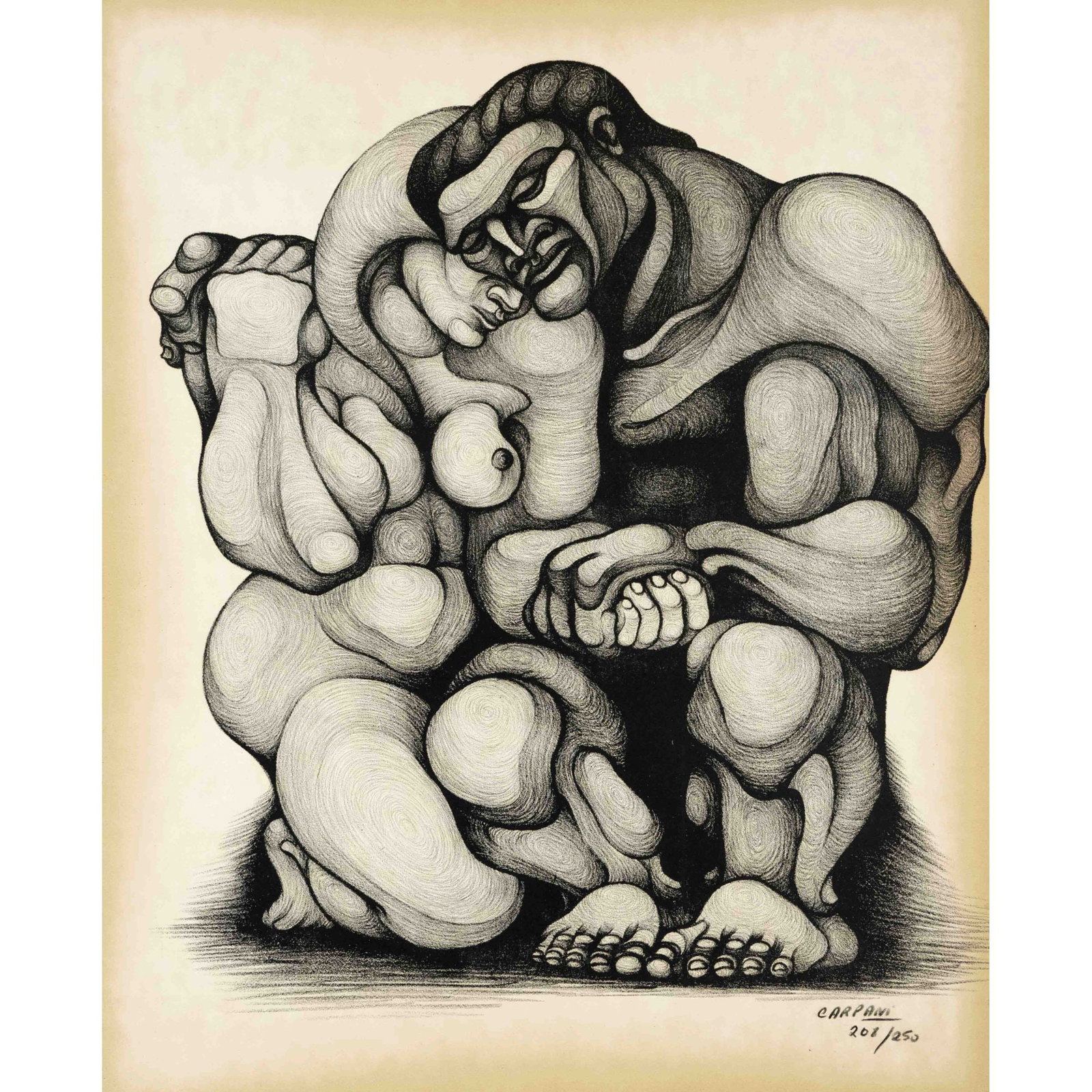 Ricardo Carpani (1930-1997), Argentinia: Ricardo Carpani (1930-1997), Argentinian artist, kneeling, naked couple, lithograph on wove paper, signed lower right and numbered 208/250, light-struck edge, sheet size 60 x 48 cm