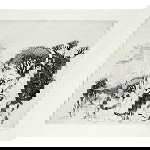 Kalal Laxma Goud (*1940), Indian painte: Kalal Laxma Goud (*1940), Indian painter, sculptor and graphic artist who studied in Hyderabad and combined traditional stories with modern formal language. "Nizampur IV", etching, 1975, signed and da