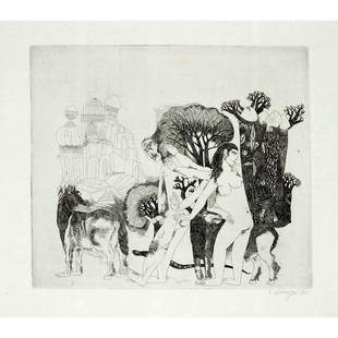 Kalal Laxma Goud (*1940), Indian painte: Kalal Laxma Goud (*1940), Indian painter, sculptor and graphic artist who studied in Hyderabad and combined traditional stories with modern formal language. "Nizampur IV", etching, 1975, signed and da