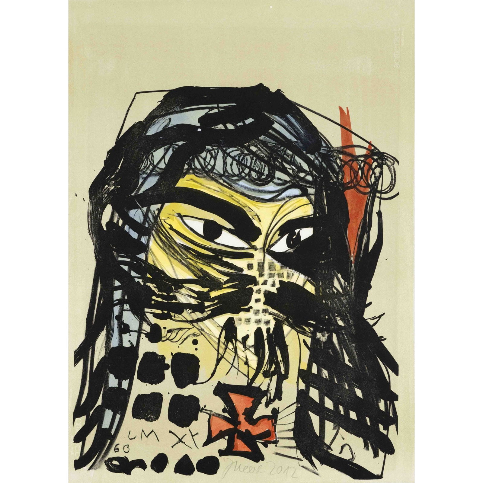 Jonathan Meese (*1970), "Heilbuttn's de: Jonathan Meese (*1970), "Heilbuttn's der Kunst (Formzucki)", color lithograph, 2012, signed and dated 2012 at bottom center, sheet dimensions 76 x 56 cm