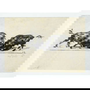 August Gaul (1869-1921), "Sieg", two fi: August Gaul (1869-1921), "Sieg", two fighting bison, lithograph on cream wove paper, signed and numbered 15/30 lower right, inscribed "Sieg" lower left, 20 x 29 cm, framed behind glass and passepartou