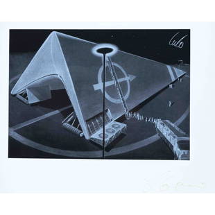 Luigi Colani (1928-2019), design study,: Luigi Colani (1928-2019), design study, color offset lithograph, signed lower right, crease at upper edge, 30 x 41 cm, behind glass in a removable frame 53 x 73 cm