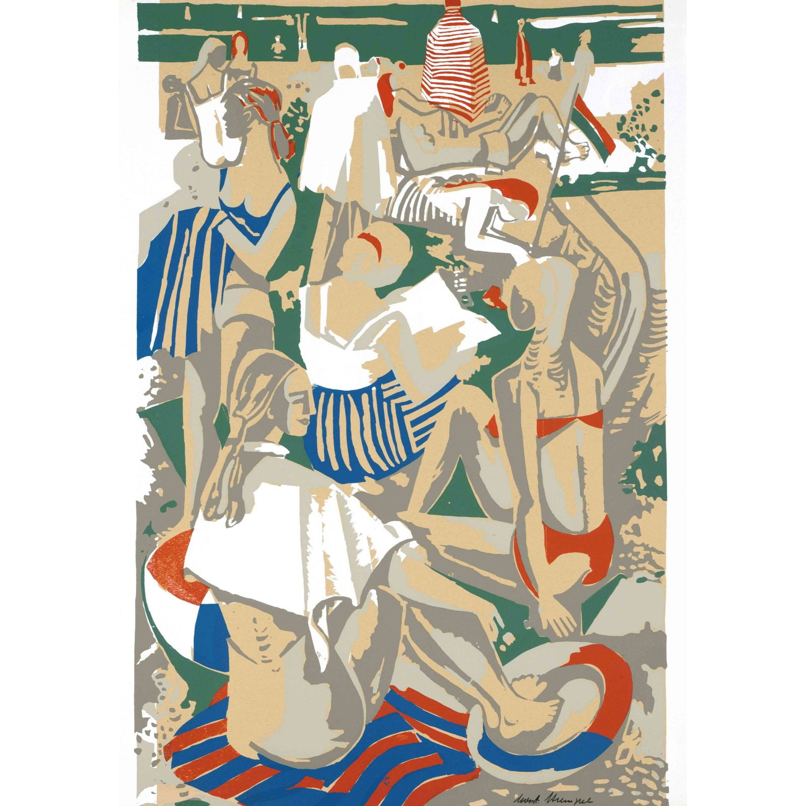 Horst Strempel (1904-1975), German pain: Horst Strempel (1904-1975), German painter a. graphic artist, studied in Breslau under Otto Mueller a. Oskar Moll a. in Berlin under Karl Hofer. Beach scene, color silkscreen on wove paper, signed low