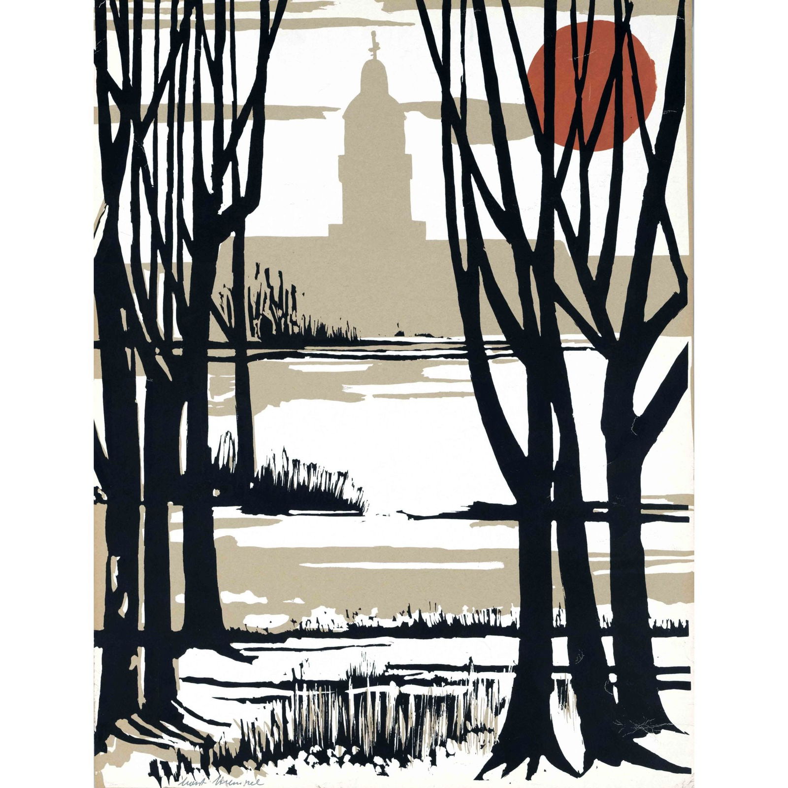 Horst Strempel (1904-1975), German pain: Horst Strempel (1904-1975), German painter a. graphic artist, studied in Breslau under Otto Mueller a. Oskar Moll as well as in Berlin under Karl Hofer. Park landscape with sun and silhouette of a tow