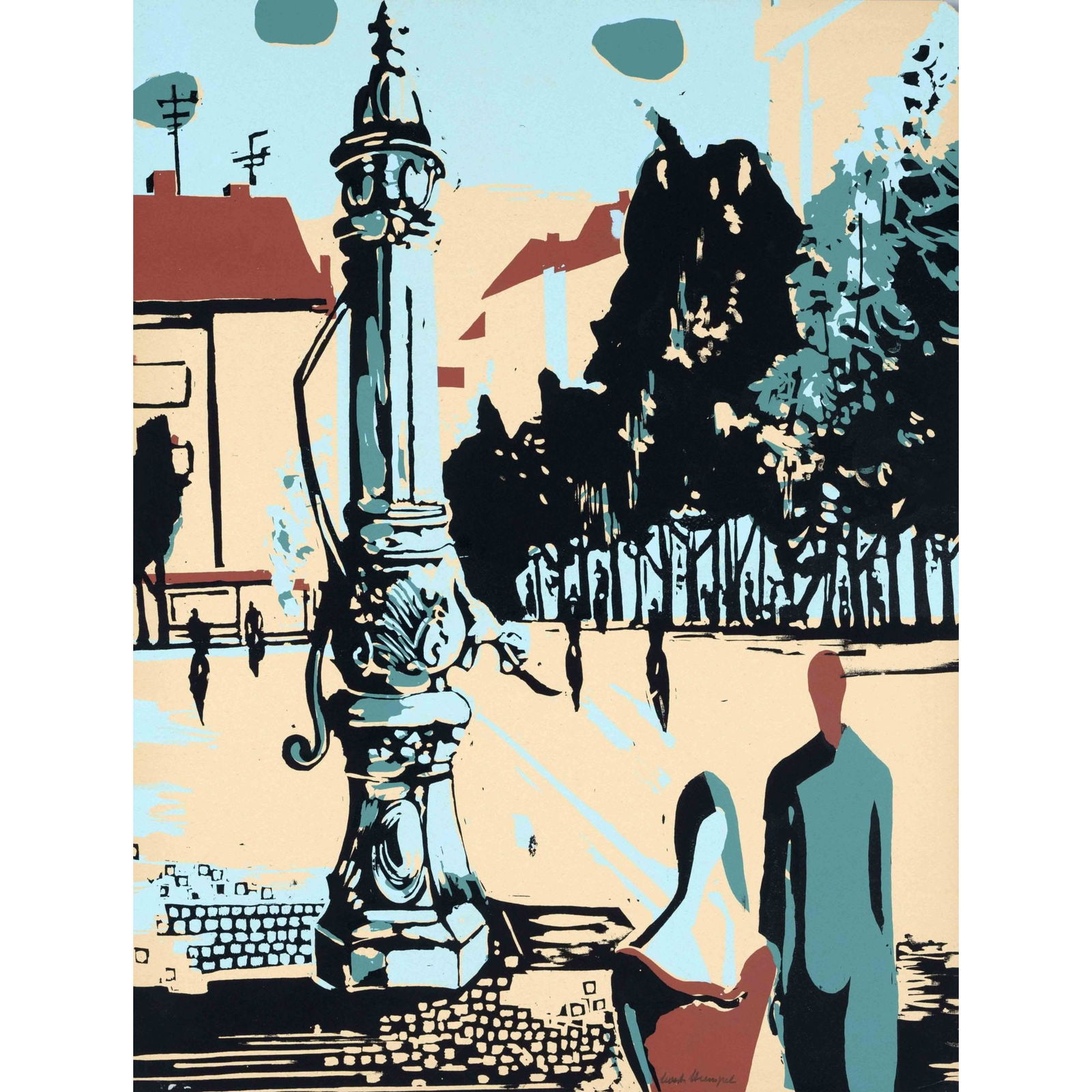 Horst Strempel (1904-1975), German pain: Horst Strempel (1904-1975), German painter a. graphic artist, studied in Breslau under Otto Mueller a. Oskar Moll as well as in Berlin under Karl Hofer. Street scene with water pump, color silkscreen