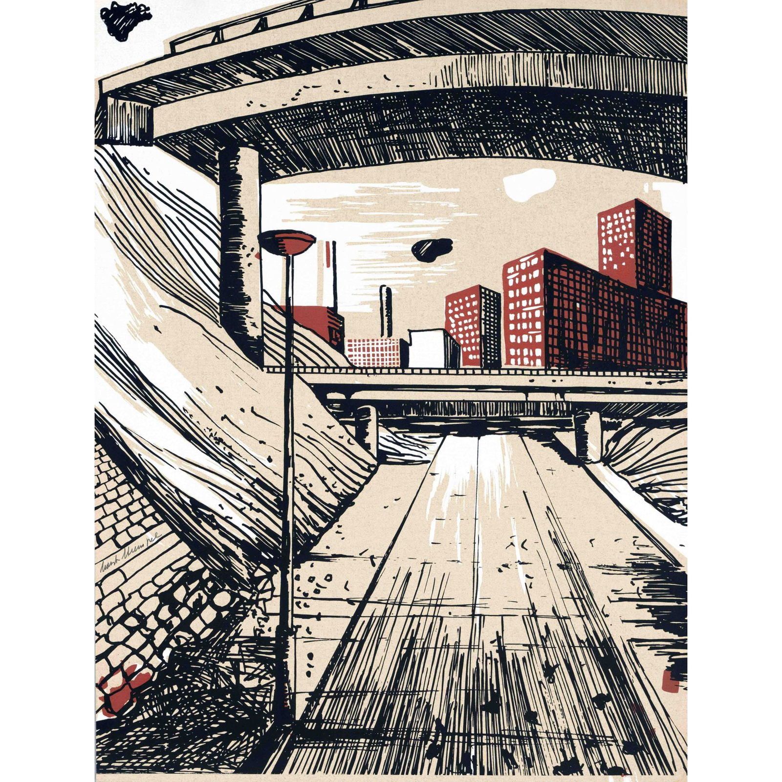 Horst Strempel (1904-1975), German pain: Horst Strempel (1904-1975), German painter a. graphic artist, studied in Breslau under Otto Mueller a. Oskar Moll as well as in Berlin under Karl Hofer. City view, color silkscreen on wove paper, sign