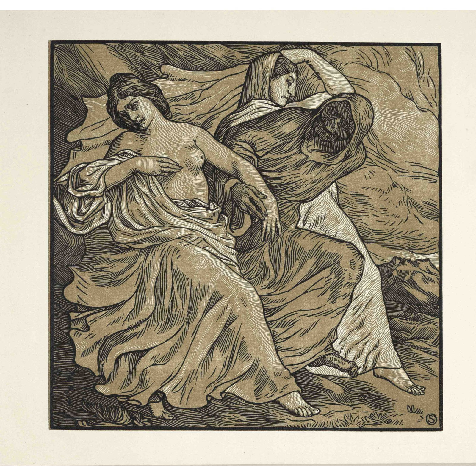 William Strang (1859-1921), Death with: William Strang (1859-1921), Death with two young women, woodcut from two plates from a Dance of Death series, monogrammed lower right in the stick, 30 x 29 cm, behind passepartout 45 x 47 cm