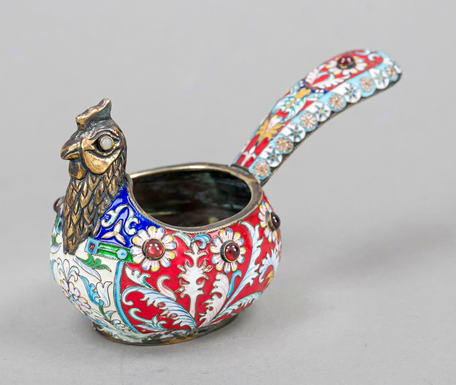 Kovsh, hallmarked Russia, marked Gebr.: Kovsh, hallmarked Russia, marked Gebr. Grachev, silver 84 zolotniki (875/000), in the shape of a hen, the wall with rich polychrome enamel decoration (partly damaged) and glass stone trimming, l, 12.5