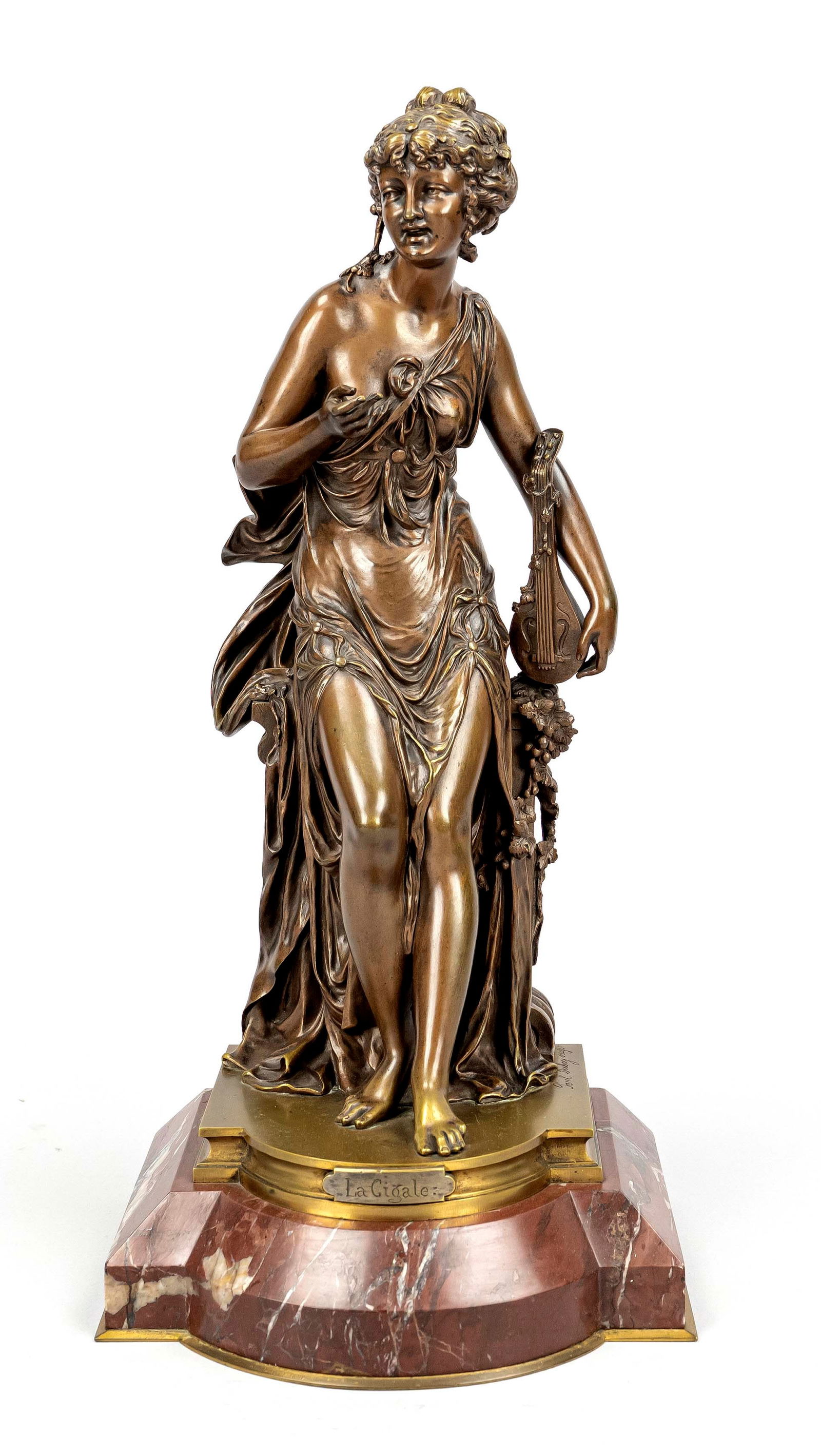 Paul Duboy (1830-ca.1887), ''La Cigale: Paul Duboy (1830-ca.1887), ''La Cigale'', leaning seated woman with banjo, light brown patinated bronze on red marble base with bronze base plate, signed on the side, inscribed on plaque, total h. 42