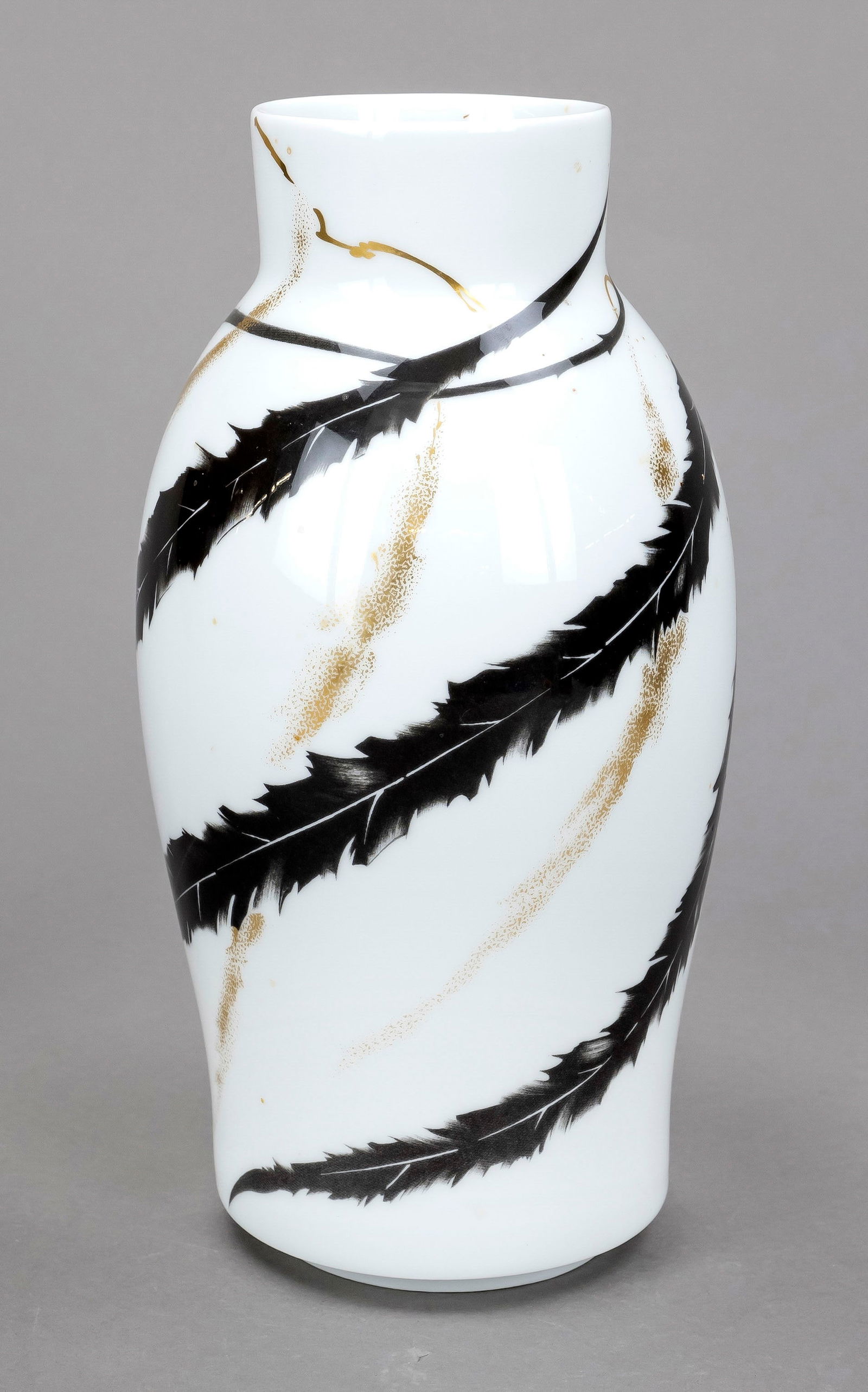 Vase, Rosenthal, Studio-Line, 1950s, d: Vase, Rosenthal, Studio-Line, 1950s, decoration in black and powder gold, designed by Marcel Wanders, signed below, h 27 cm