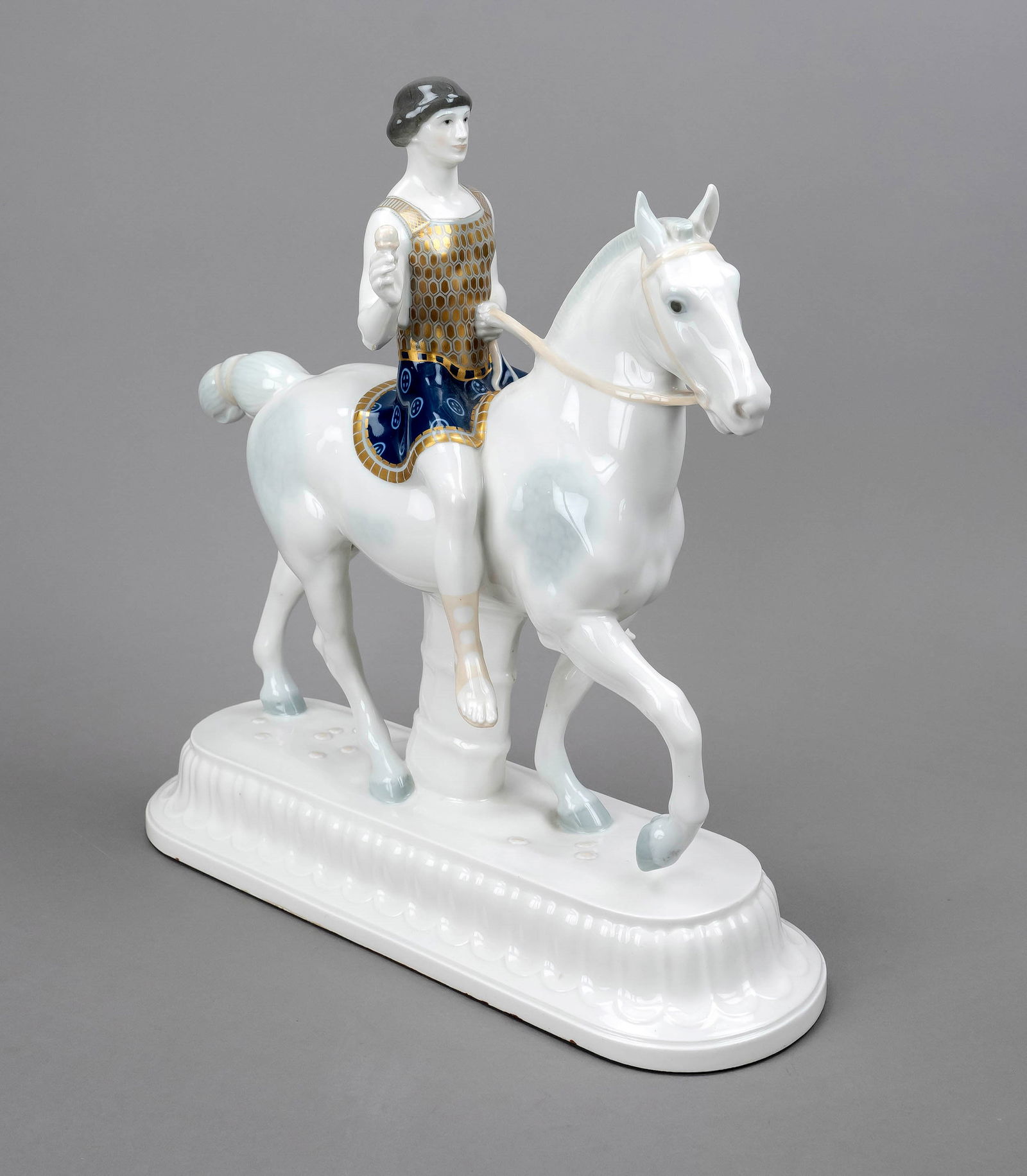 Art Nouveau equestrian figure, KPM Ber: Art Nouveau equestrian figure, KPM Berlin, pre-1945 mark, 1st choice, blue and red imperial orb mark, year mark for 1921, model no. 9423, model by Adolph Amberg 1905, main figure from the wedding proc
