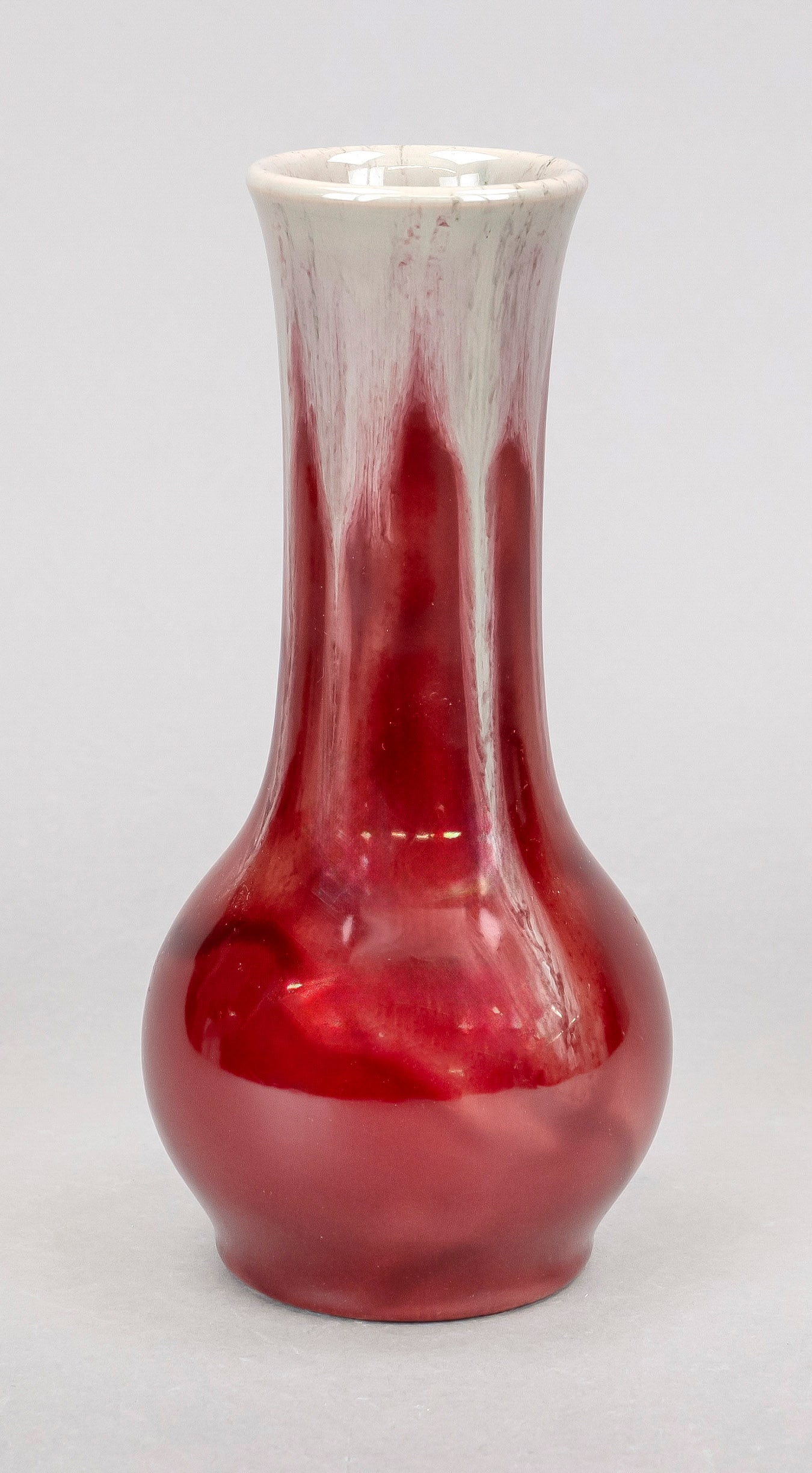 Ceramic vase, Denmark, c. 1900, marked: Ceramic vase, Denmark, c. 1900, marked MA & S., probably Michael Andersen & Sohn, round stand, bulbous body, beige body, with gray and red running glaze, h. 21 cm
