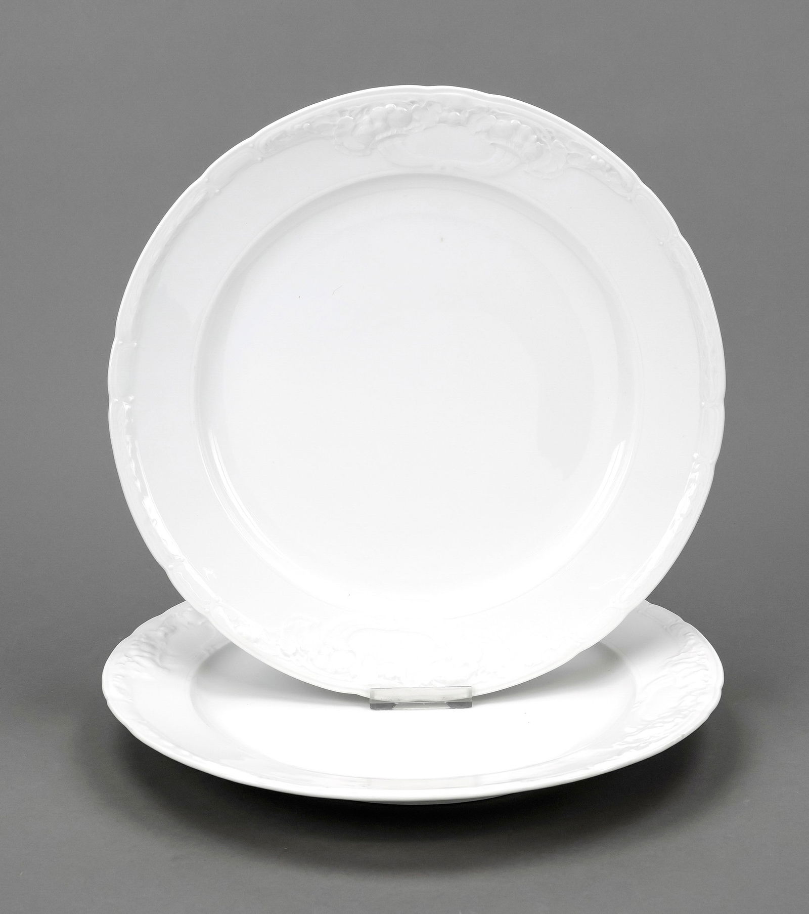 Two round Art Nouveau serving platters: Two round Art Nouveau serving platters, KPM Berlin, marks 1870-1945, 2nd choice, 1x war mark, year mark for 1913 and 1918, artist's signet TSB, shape Ceres, designed by Theodor Schmuz-Baudiss in 1912,