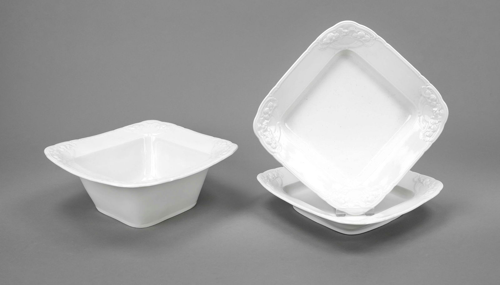 Three Art Nouveau bowls, KPM Berlin, m: Three Art Nouveau bowls, KPM Berlin, marks 1870-1945, 2nd choice, year mark for 1919 and 1920, artist's signet TSB, shape Ceres, designed by Theodor Schmuz-Baudiss in 1912, as part of the anniversary