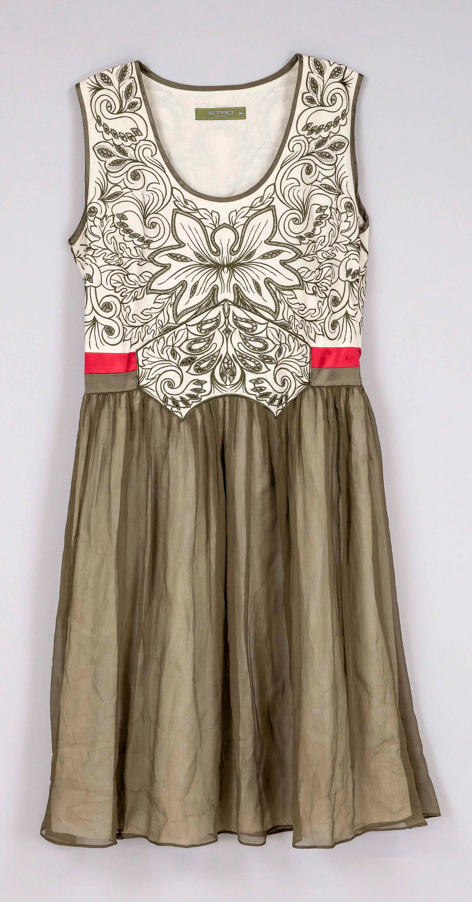 Etro, embroidered midi dress, mixed fa: Etro, embroidered midi dress, mixed fabric of cotton and silk in cream and green tones, top with round neckline, elaborate floral embroidery and pink color accents at the waist, attached multi-layered