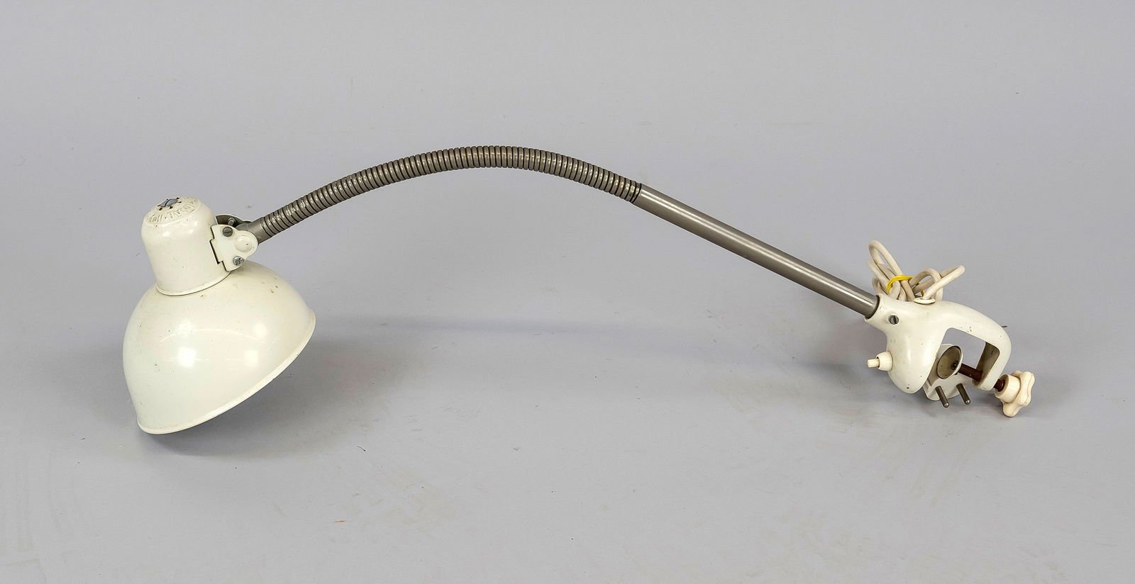 Kaiser Idell table lamp, mid-20th cent: Kaiser Idell table lamp, mid-20th century, gooseneck lamp with metal flexible arm, plastic base with clamping function, l. 80 cm