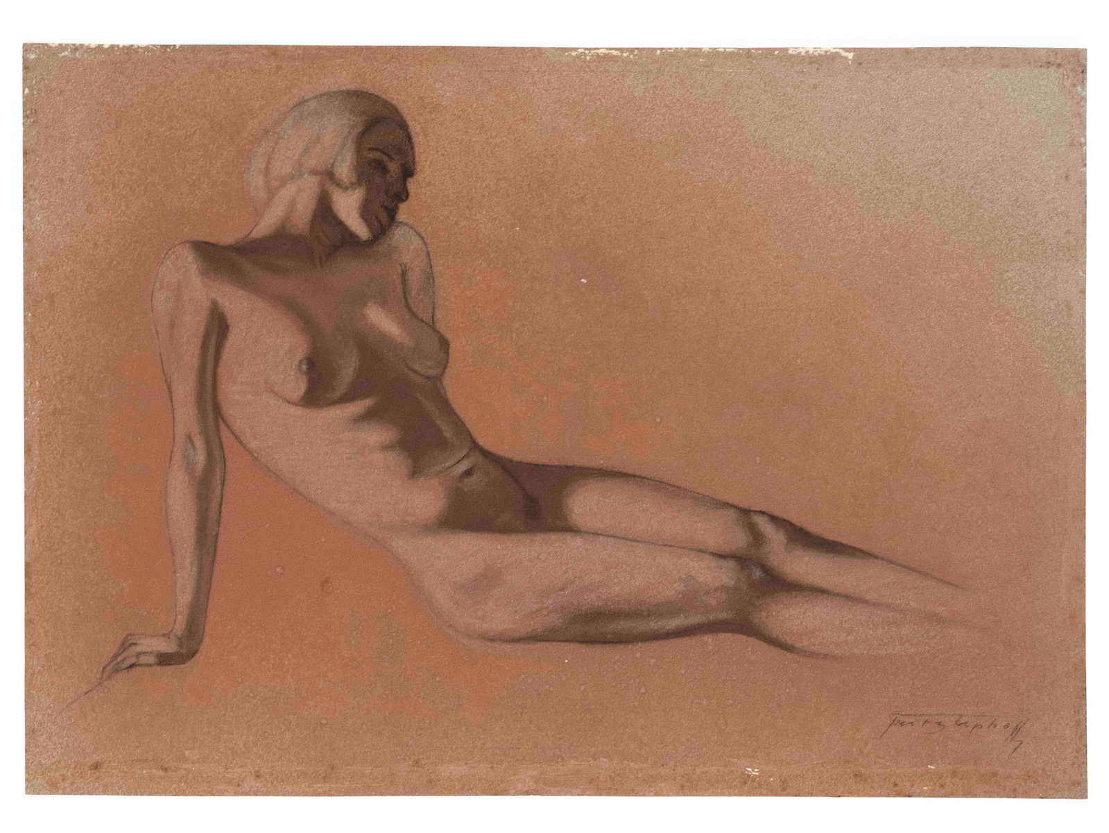 Fritz Uphoff. 1890 Witten - 1966 Worps: Fritz Uphoff. 1890 Witten - 1966 Worpswede. Two nude drawings. Probably 1920s. Pencil with colored chalk on colored paper, 1x signed Fritz Uphoff lower right, sheets 34.5 x 49 to 49.5 x 65 cm, minimal