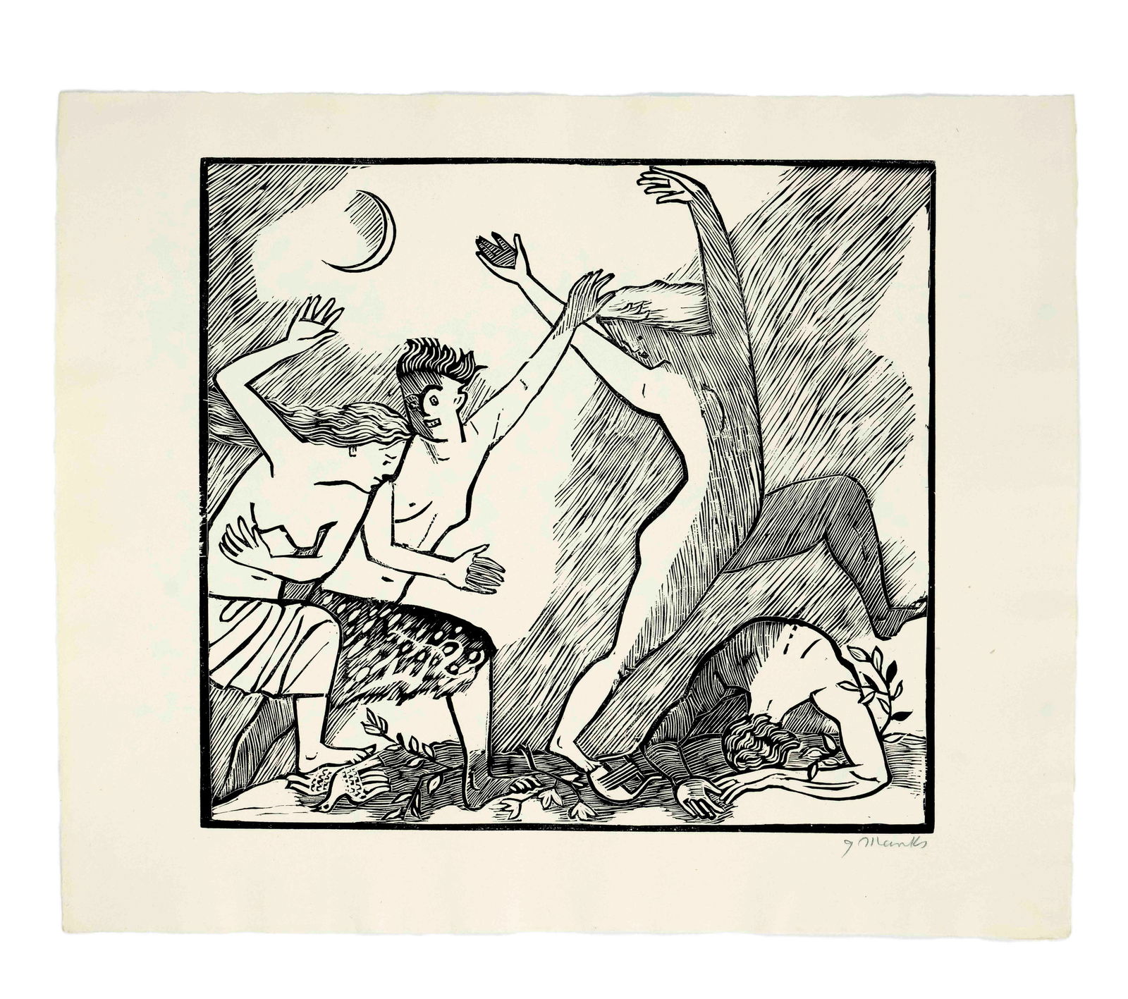 Gerhard Marcks. 1889 Berlin - 1981 Bur: Gerhard Marcks. 1889 Berlin - 1981 Burgbrohl. Death by the Maenads. 1948. woodcut on paper, sheet 11 from the portfolio ''Orpheus'', signed G Marcks lower right, Lammek H 180.11, one of 150 copies, sh