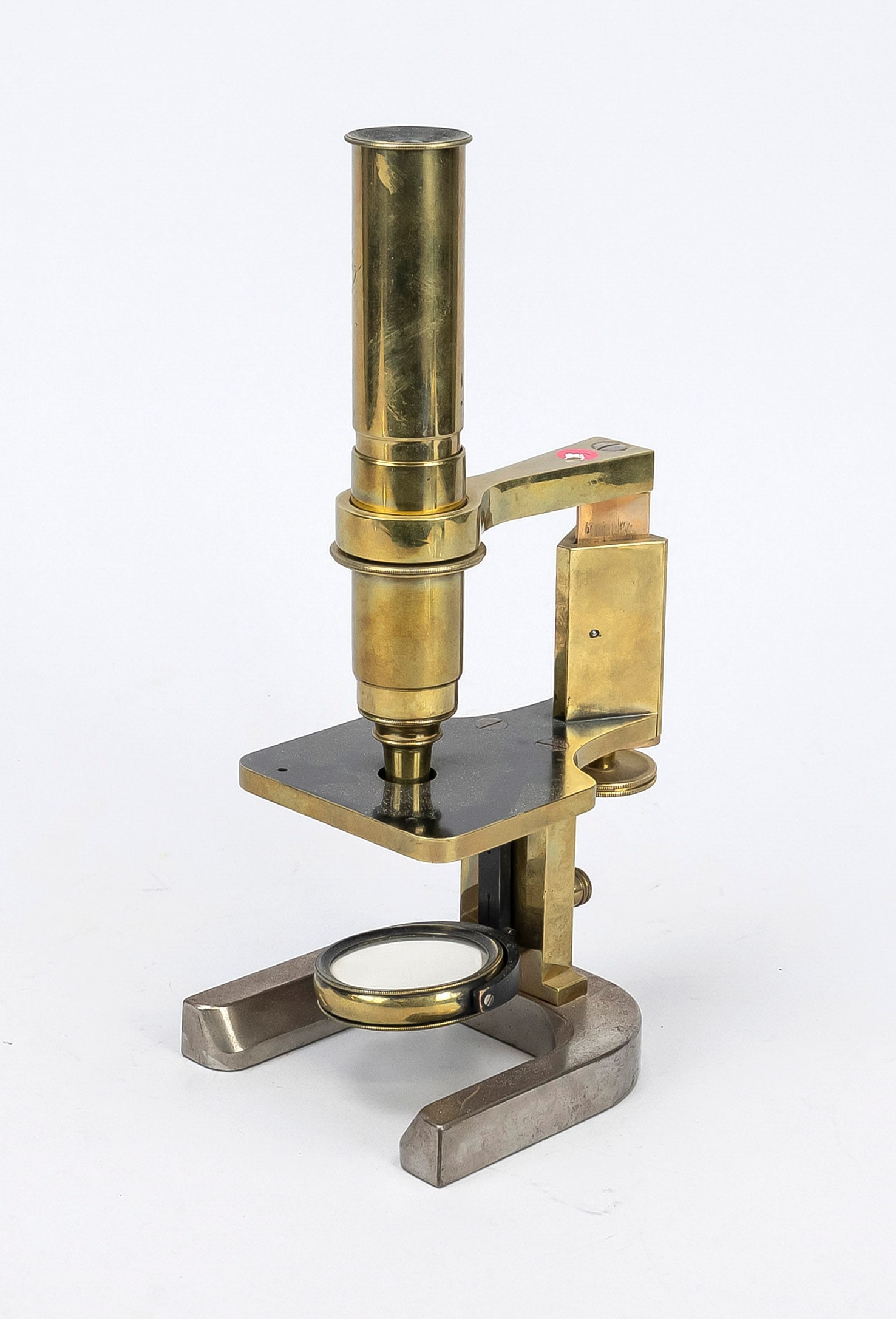 Microscope, Germany (Munich) 19th cent: Microscope, Germany (Munich) 19th century, brass, steel, mirror glass. Engraved inscription on the optical tube ''G. & S. Merz in Munich'', rubbed, h. 28 cm