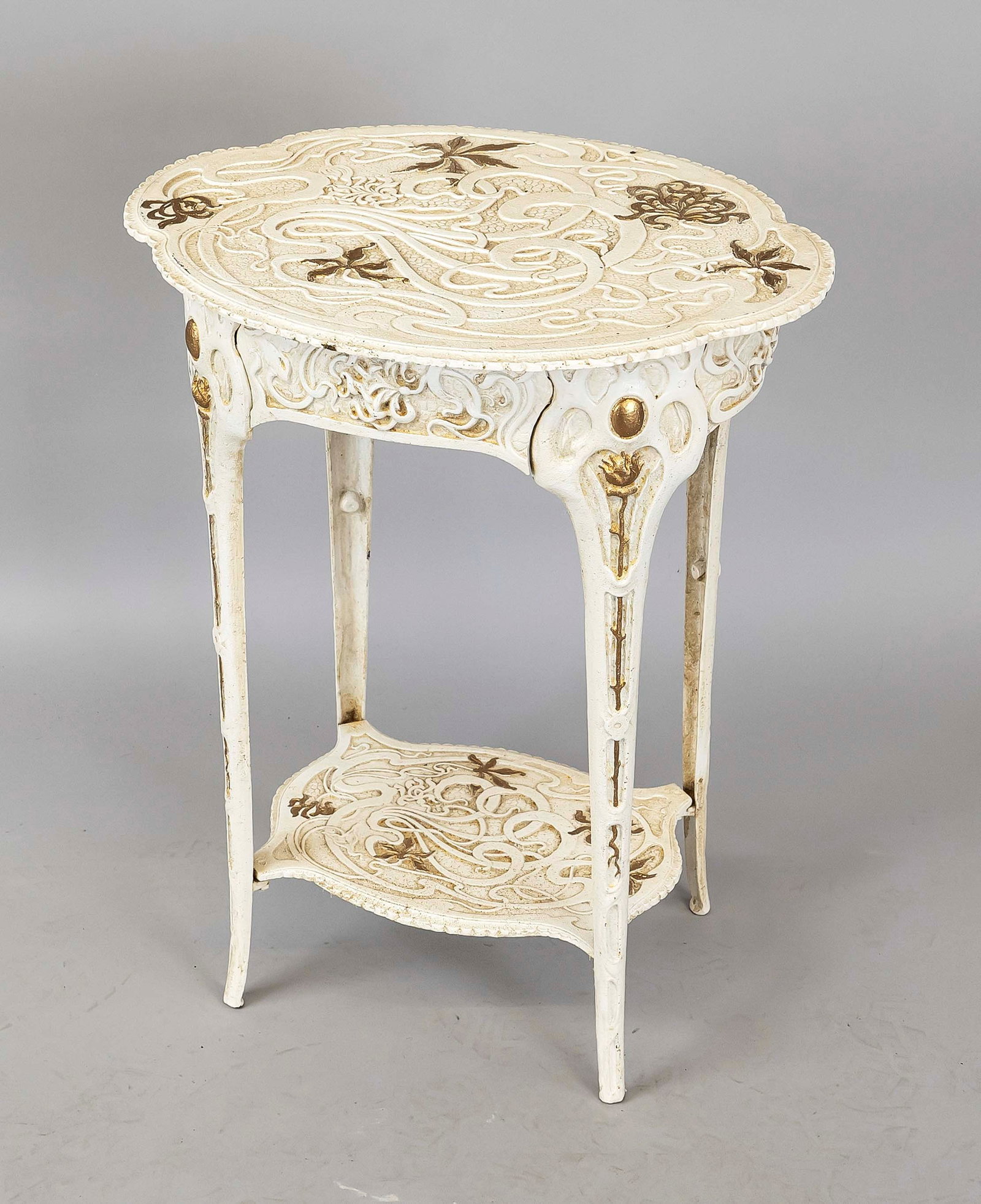 Art Nouveau side table, 20th century,: Art Nouveau side table, 20th century, iron, white and gold painted, slightly rubbed, h. 60 cm