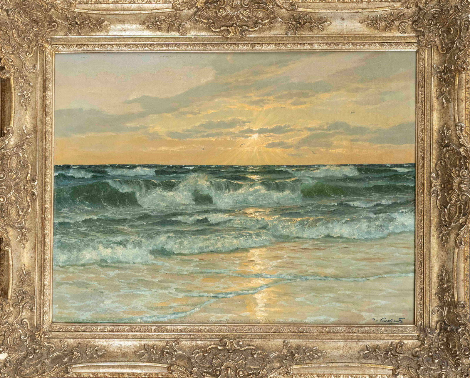 Patrick von Kalckreuth (1898-1970), ma: Patrick von Kalckreuth (1898-1970), marine painter active in Berlin and Düsseldorf. Large seascape with evening surf, oil on canvas, signed lower right, rubbed, 60 x 80 cm, framed 80 x 100 cm
