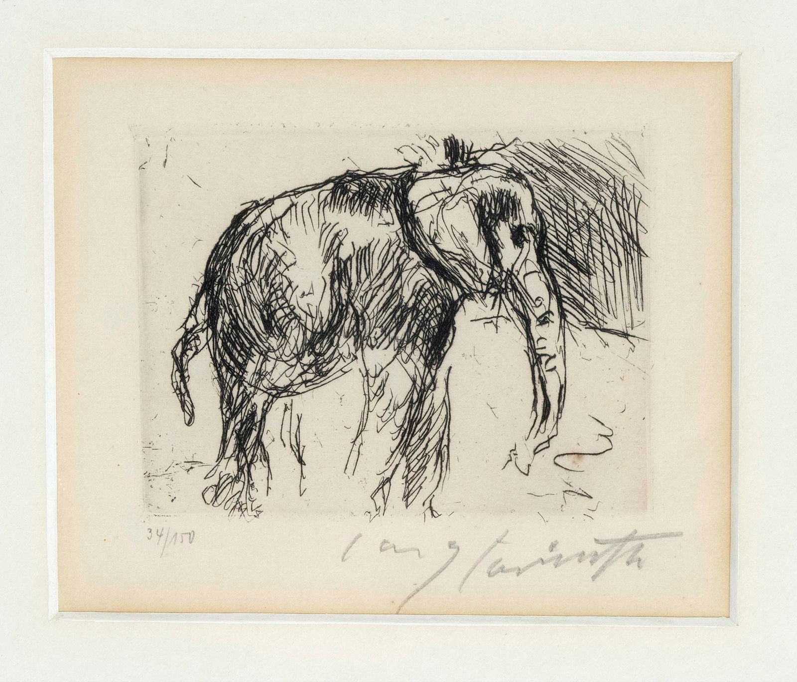Lovis Corinth (1858-1925), ''Elefant'': Lovis Corinth (1858-1925), ''Elefant'', etching with drypoint on copperplate paper, signed lower right, numbered lower left 34/150, 8.5 x 11 cm, light edge, framed behind glass and passe-partout 29 x