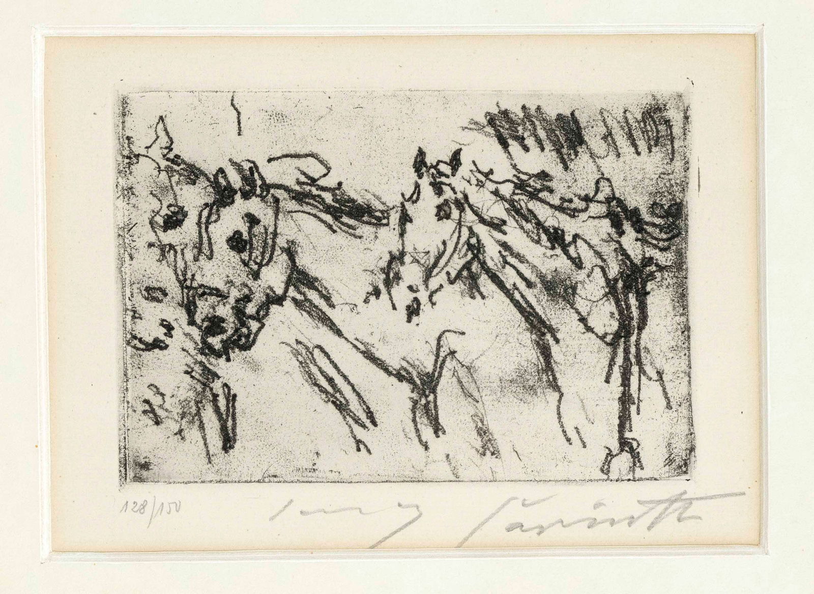 Lovis Corinth (1858-1925), ''Pferde'',: Lovis Corinth (1858-1925), ''Pferde'', etching with vernis mou on copperplate paper, signed lower right, numbered lower left 128/150, 9.5 x 14.5 cm, framed behind glass and mat 27 x 33 cm