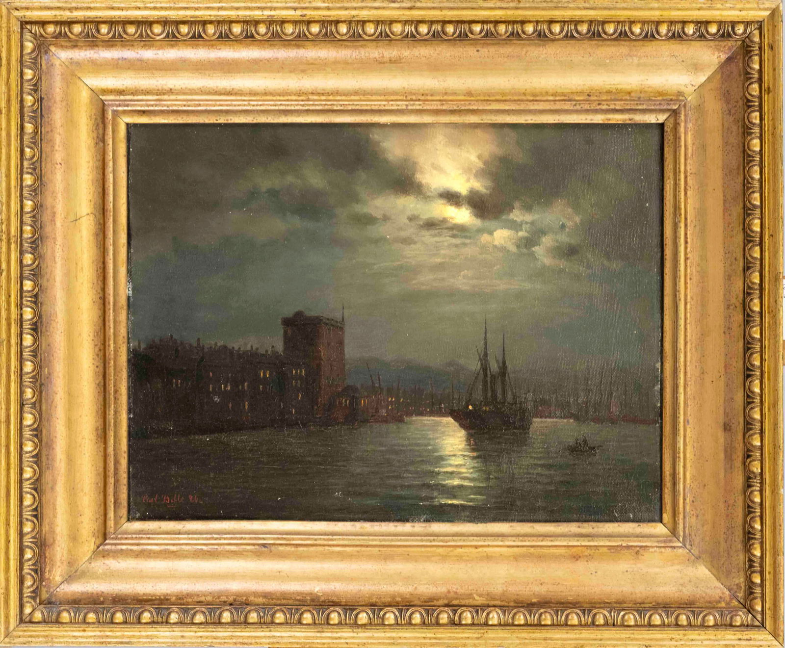 Carl Ludwig Bille (1815-1898), Danish: Carl Ludwig Bille (1815-1898), Danish marine painter, ''Harbor at Full Moon'' (Copenhagen?), oil on canvas, signed and dated ''Carl Bille (18)86'' lower left, 23.5 x 30.5 cm, framed 35 x 43 cm
