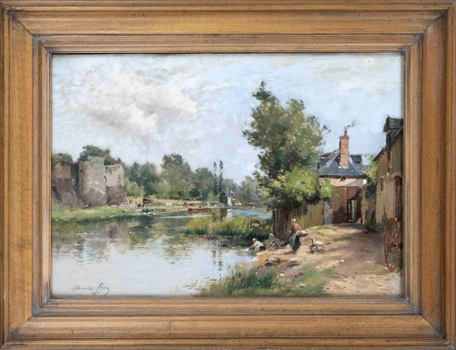 Maurice Lévis (1860-1940), French land: Maurice Lévis (1860-1940), French landscape painter who studied under Jules Lefebvre and was influenced by the Barbizon school. Washerwomen by the River, oil on card, signed lower left, 27 x 37 cm, f
