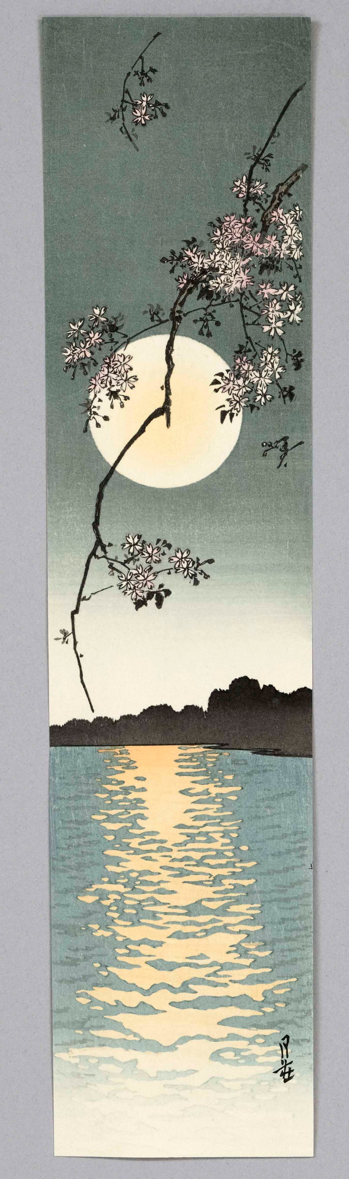Gesso Yoshimoto (1881-1936), ''Lake in: Gesso Yoshimoto (1881-1936), ''Lake in the Moonlight'', color woodcut, signed lower right on canvas, red stamp on verso, inscribed on mount, 34 x 8 cm, mount 39 x 33 cm