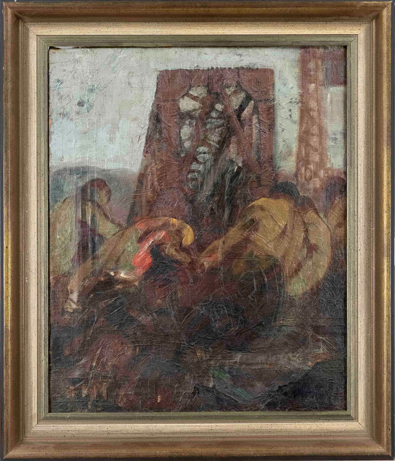 Lajos Markos (1917-1993), Hungarian-Am: Lajos Markos (1917-1993), Hungarian-American artist, young men at work, oil on canvas, signed lower right, rubbed and bumped, 50 x 40 cm, framed 60 x 51 cm