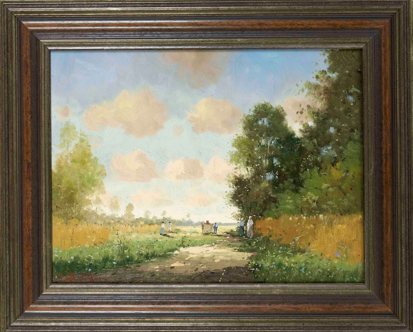 Robert de Haan (*1943), Dutch painter,: Robert de Haan (*1943), Dutch painter, Summer landscape with staffage figures, oil on canvas, signed lower left, verso gallery label, 30 x 40 cm, framed 40 x 50 cm