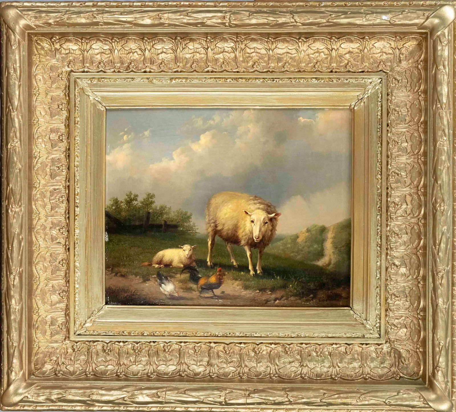 Auguste Coomans (active c. 1855-1896),: Auguste Coomans (active c. 1855-1896), Belgian painter, Landscape with sheep and chickens, oil on panel, signed lower right, verso inscribed by hand on old label, 19 x 24 cm, framed 39 x 43 cm