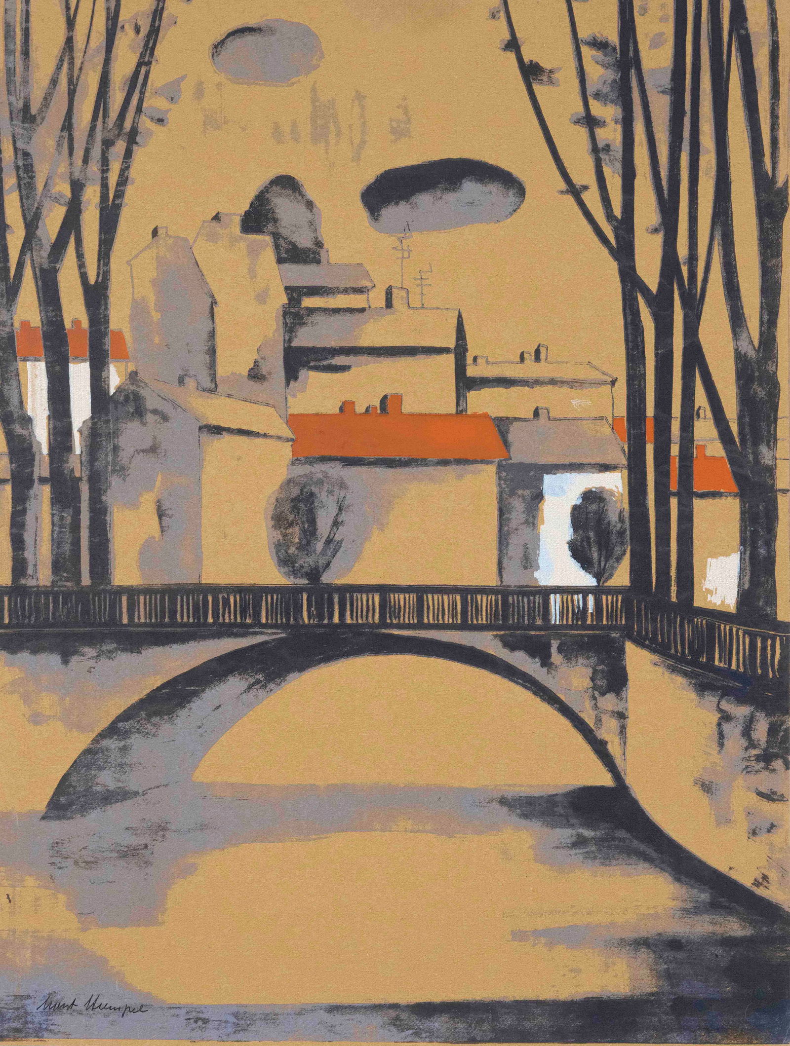 Horst Strempel (1904-1975), German pai: Horst Strempel (1904-1975), German painter a. graphic artist, studied in Breslau under Otto Mueller a. Oskar Moll as well as in Berlin under Karl Hofer. City view with bridge, color silkscreen on ligh