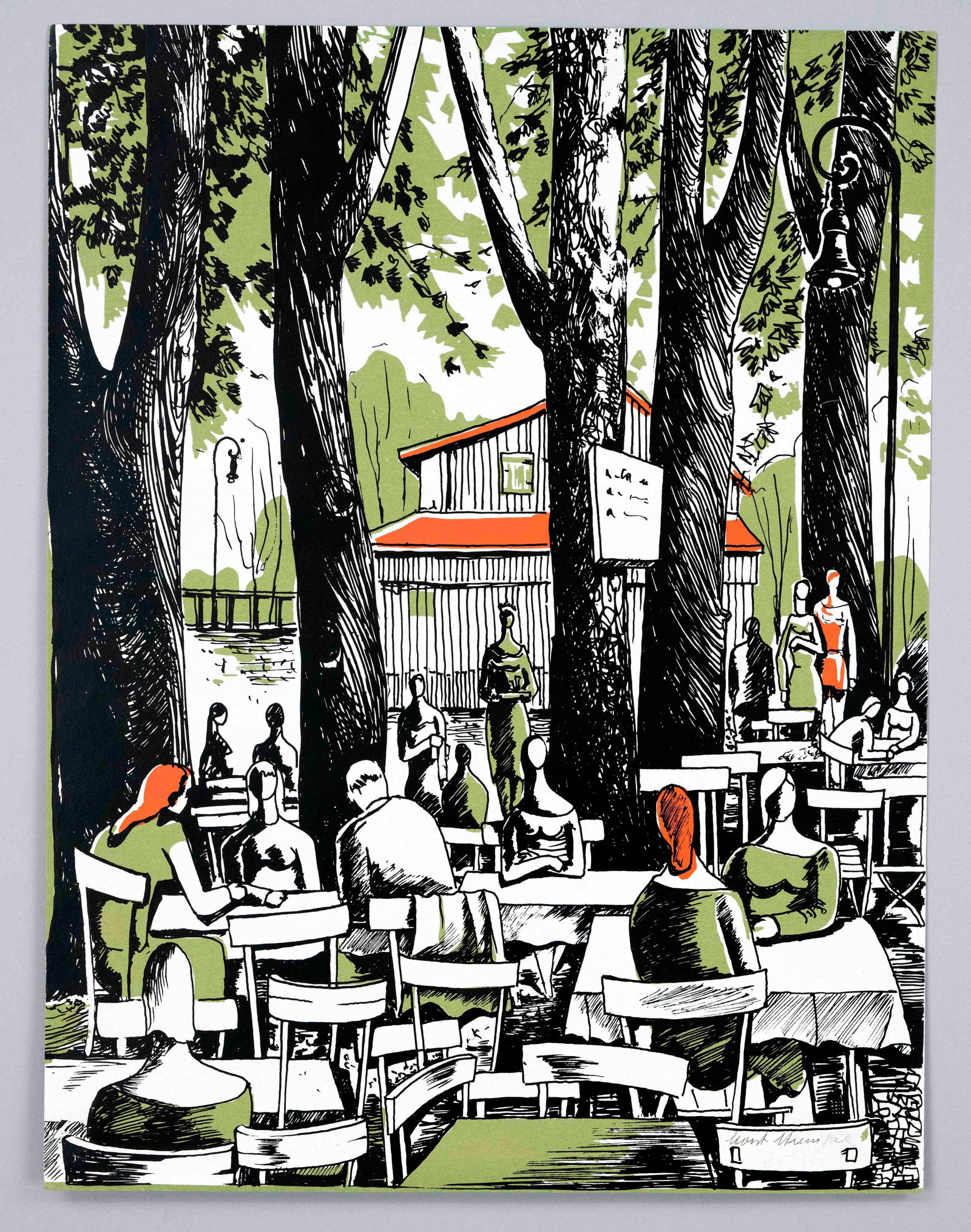Horst Strempel (1904-1975), German pai: Horst Strempel (1904-1975), German painter a. graphic artist, studied in Breslau under Otto Mueller a. Oskar Moll as well as in Berlin under Karl Hofer. Beer garden scene, color silkscreen on light gr