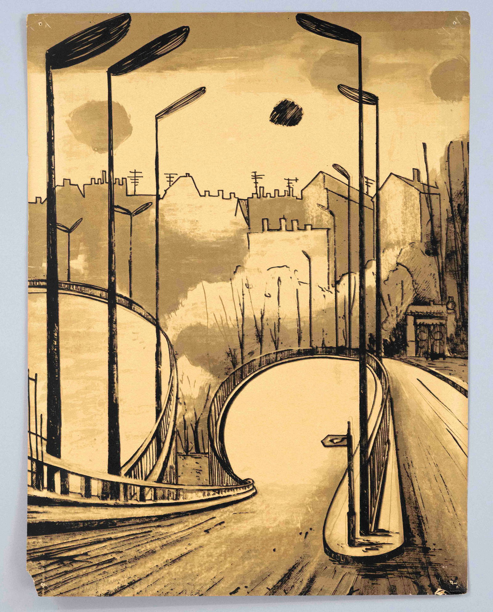 Horst Strempel (1904-1975), German pai: Horst Strempel (1904-1975), German painter a. graphic artist, studied in Breslau under Otto Mueller a. Oskar Moll as well as in Berlin under Karl Hofer. Deserted city view, color silkscreen on sand-co