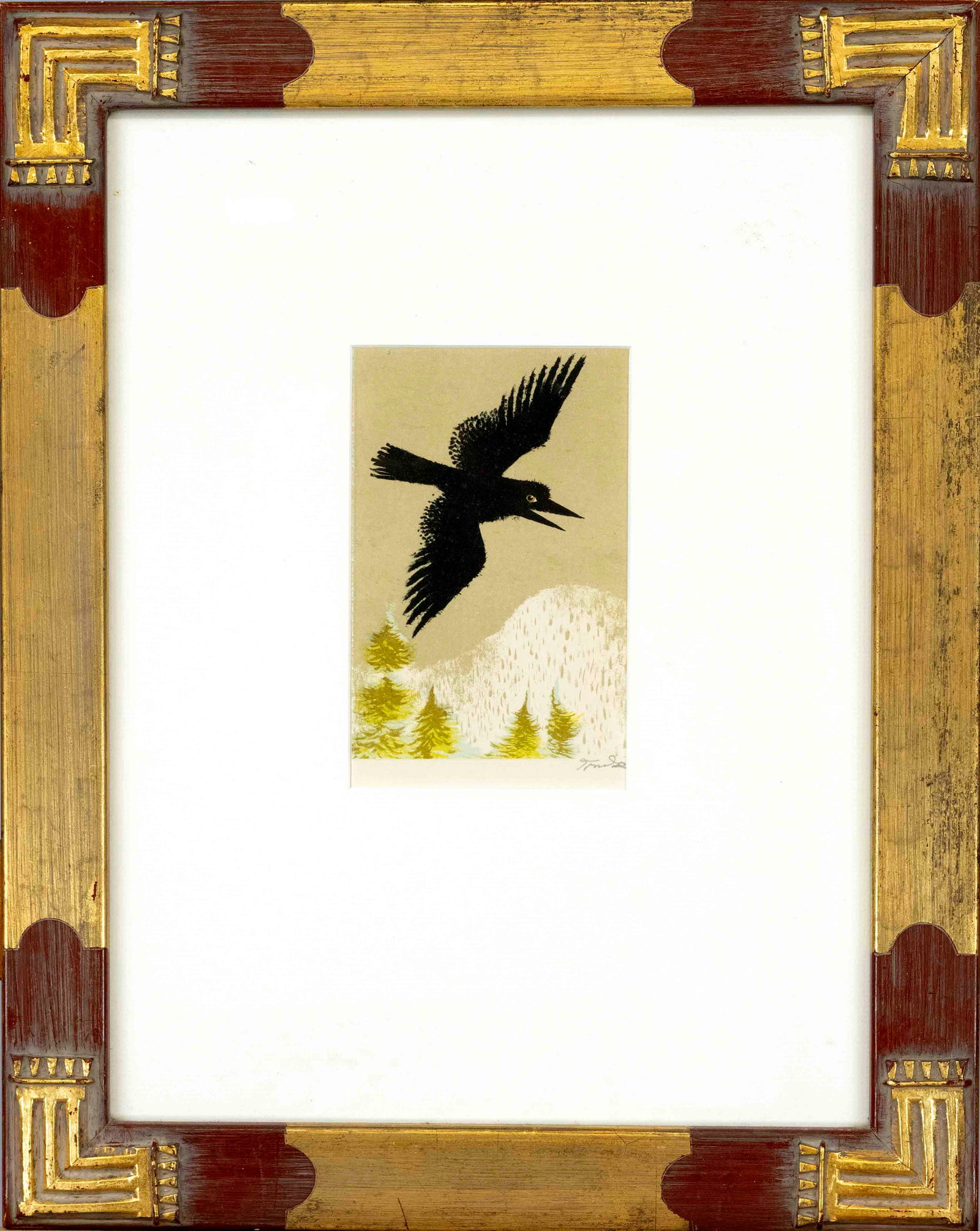 Jirí Trnka (1912-1969), Czech painter: Jirí Trnka (1912-1969), Czech painter and graphic artist, flying raven, color woodcut, signed lower right, 16 x 10.5 cm, decoratively framed behind glass and passepartout 47 x 37 cm
