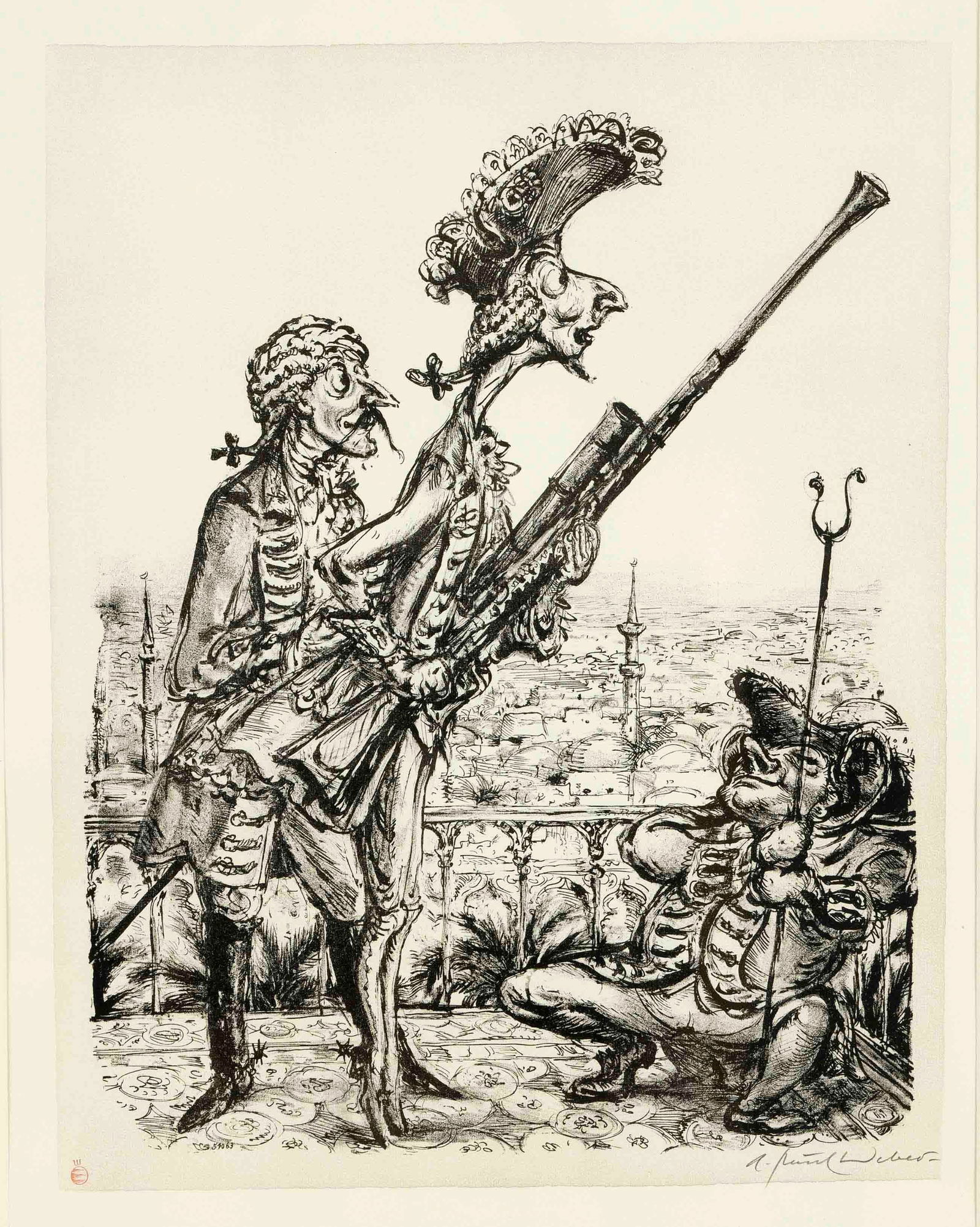 Andreas Paul Weber (1893-1980), bundle: Andreas Paul Weber (1893-1980), bundle of three lithographs: König mit Flinte, ''der Rat der Alten'' and ''Unter uns'', each signed by hand and with the stamp of the Clan Press, behind glass in a rem