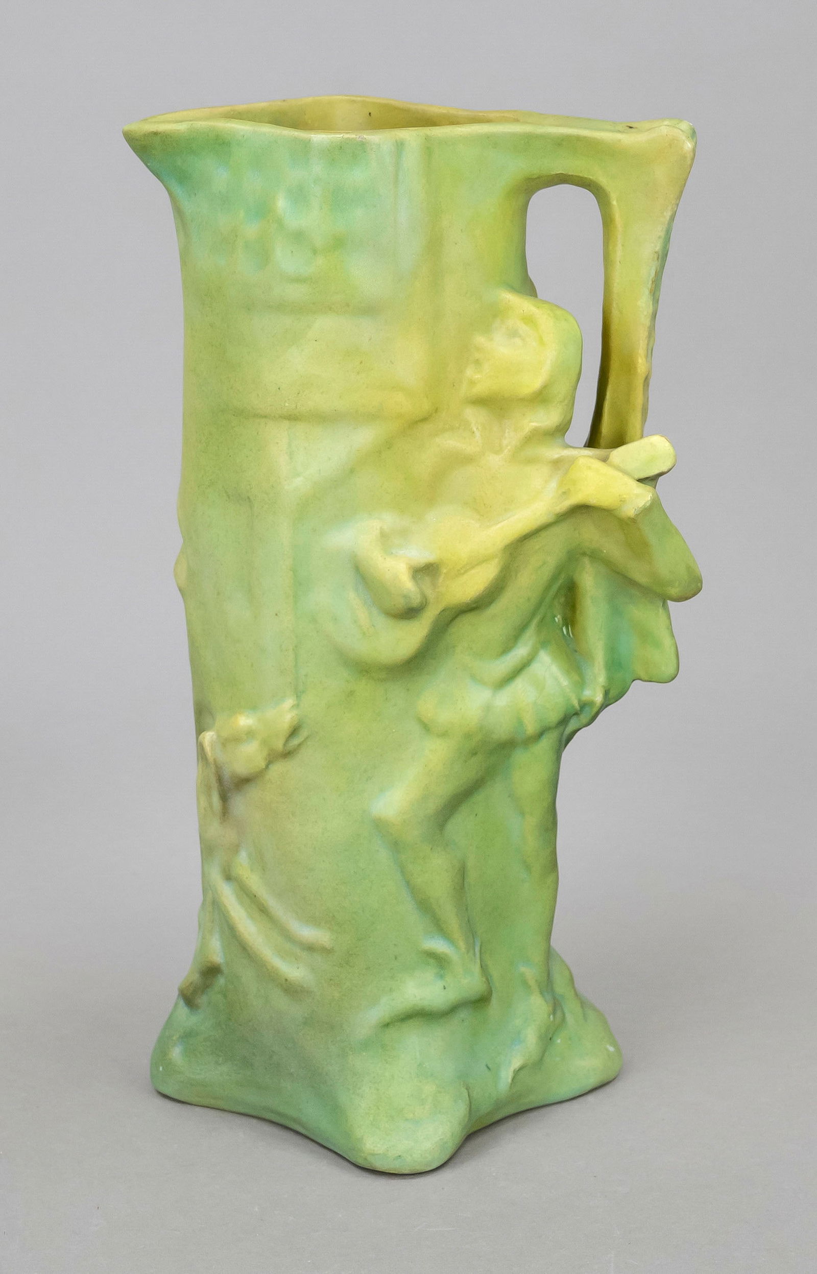 Art Nouveau ceramic jug, Edmond L: Art Nouveau ceramic jug, Edmond Lachenal and Agnes de Frumerie, Paris, c. 1900, stoneware jug with surrounding relief scene, kissing couple accompanied by a bajazzo playing a lute, brush mark to base,