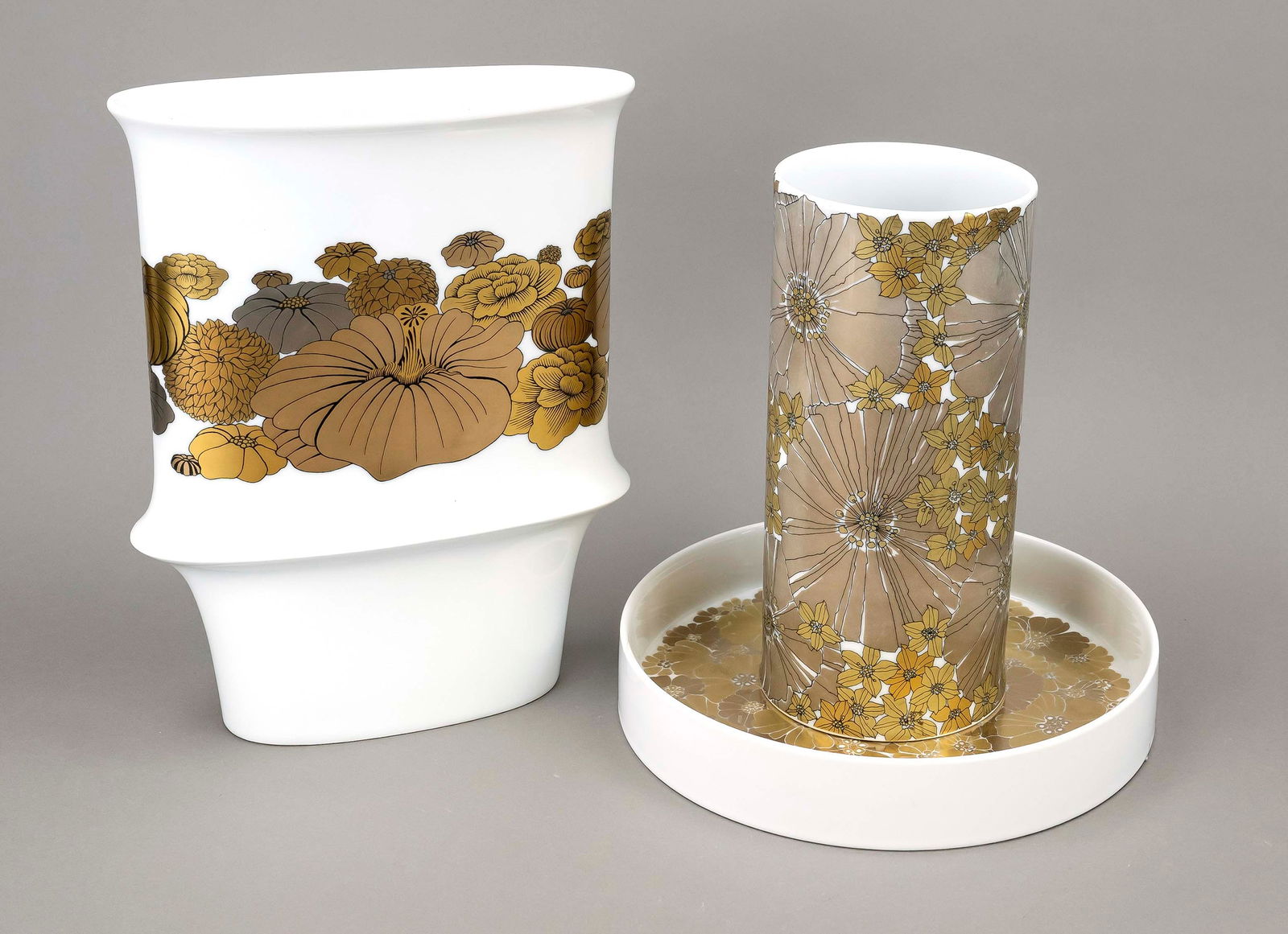Bowl and two vases, Rosenthal, st: Bowl and two vases, Rosenthal, studio line, 1970/80s, each white with decorative floral gilding, some minimal wear, cylindrical vase, model no. 2767, h. 24 cm, oval vase, design by Alain Le Foll (1934