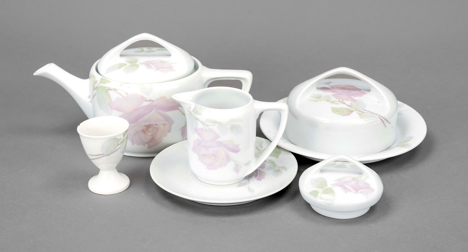 Set of six pieces, Rosenthal, 20t: Set of six pieces, Rosenthal, 20th century, Donatello model, teapot, h. 11.5 cm, round butter dish, Ø 17 cm, watering can, h. 8 cm, saucer, egg cup (chipped) and lid