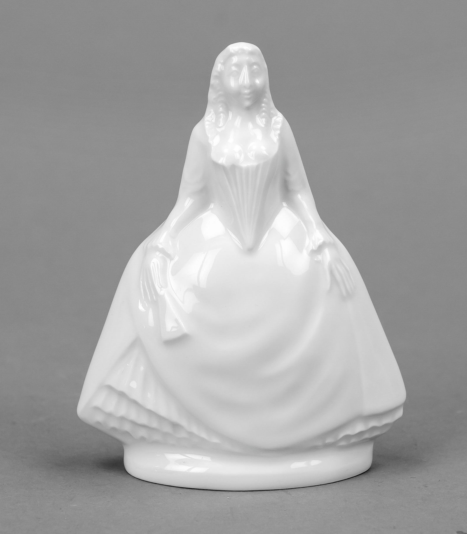 Countess Cosel, Meissen, 21st cen: Countess Cosel, Meissen, 21st century, 1st choice, designed by Peter Strang 2012, model no. 73508, white, grotesque depiction of the mistress of Augustus the Strong as a busty lady with a fan in a roc