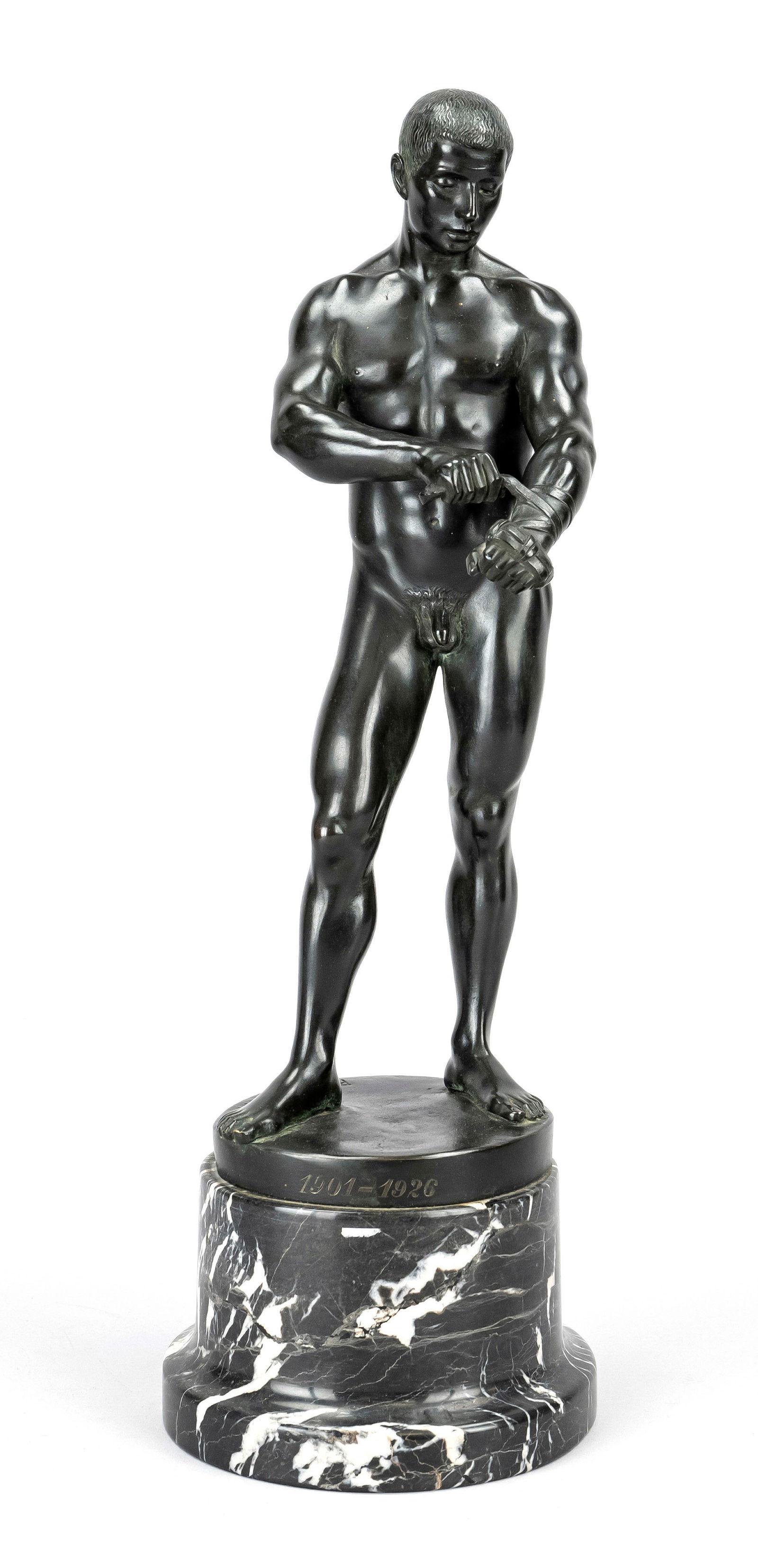 Rudolf Kaesbach (1873-1955), nake: Rudolf Kaesbach (1873-1955), naked pugilist, patinated bronze on marble base, signed in plinth, 43 cm