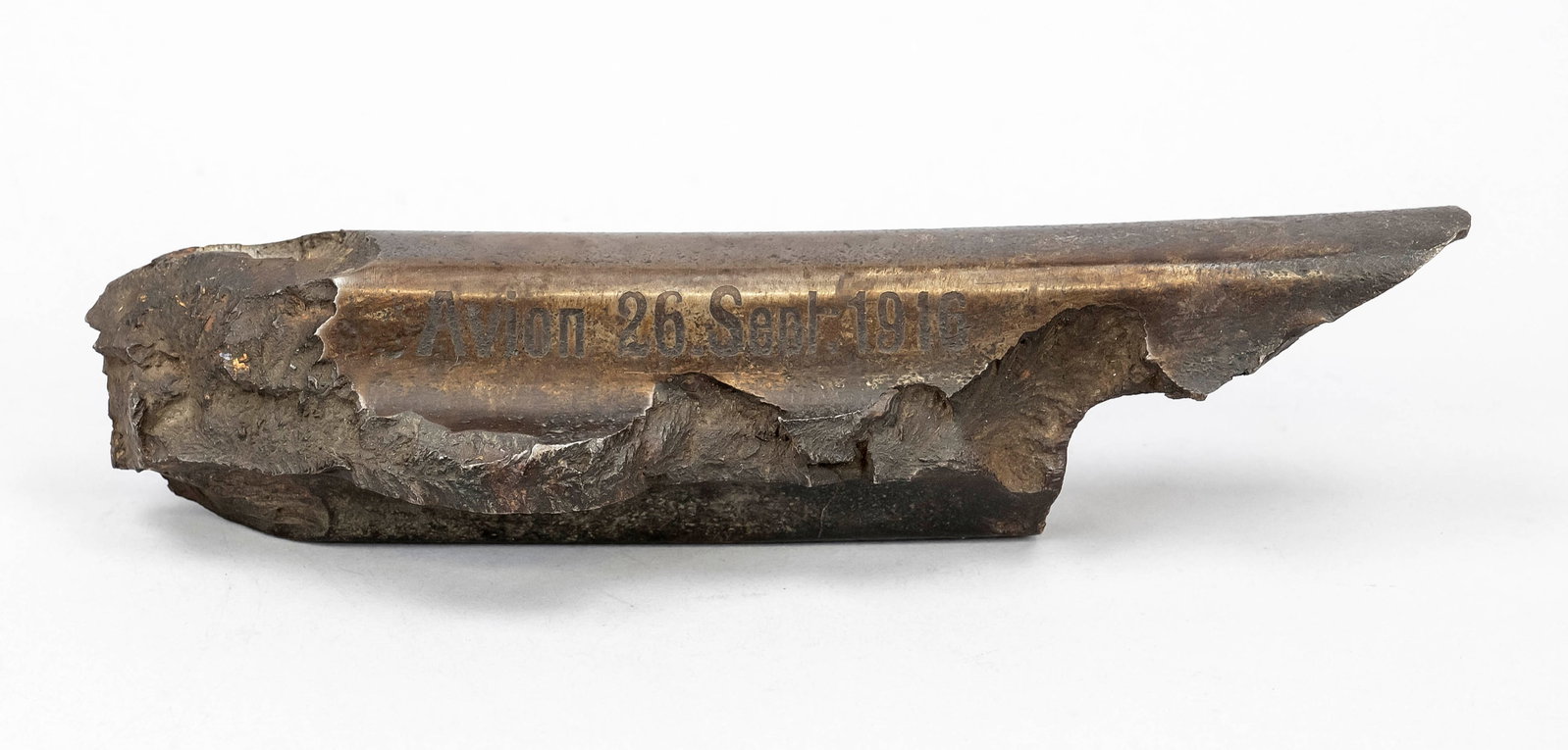 Trench art 1st World War, part of: Trench art 1st World War, part of a rail, iron, engraved inscription ''Avion 26. Sept. 1916'', l. 25 cm