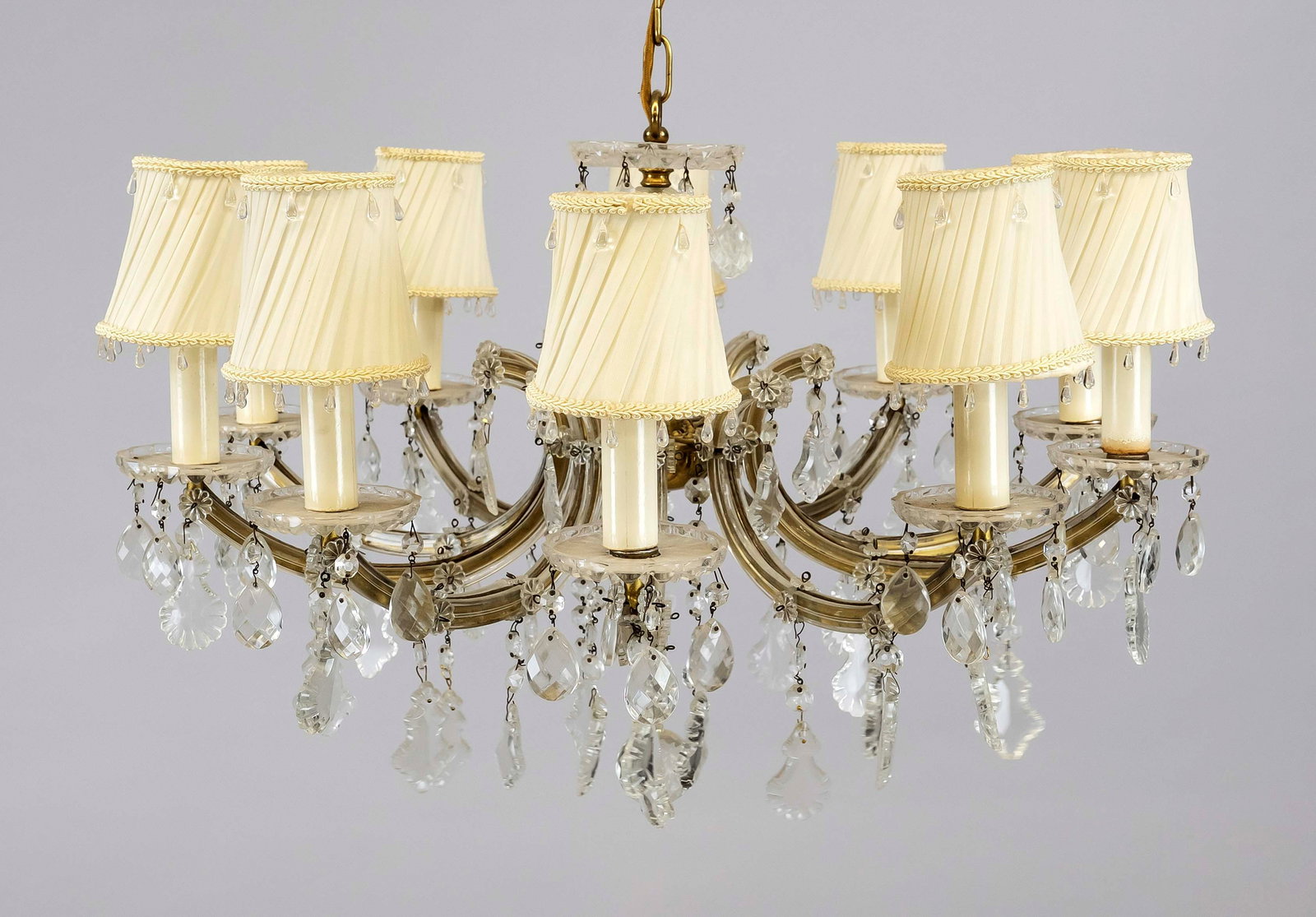Murano ceiling lamp, Italy 2nd ha: Murano ceiling lamp, Italy 2nd half 20th century, central console with 9 cantilevered chandelier arms covered in glass with crystal glass hangings. Candle holders with slightly rotating shades, h. 42/