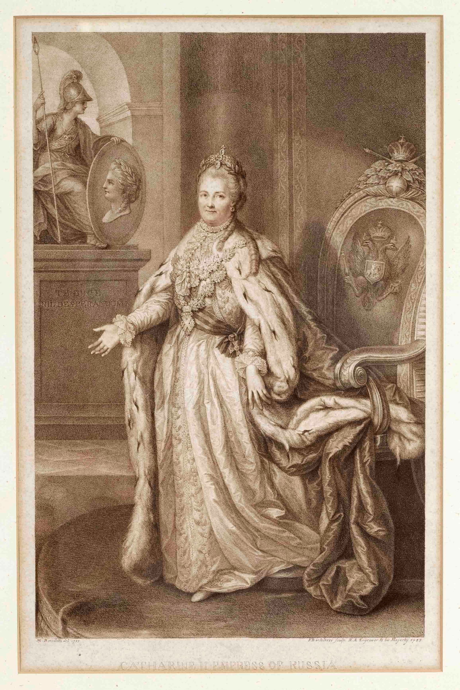 Francesco Bartolozzi (1727-1815): Francesco Bartolozzi (1727-1815) after Michele Benedetti (1745-1810), Portrait of Catherine the Great, ''Catherine II. Empress of Russia'', etching in brown 1785, inscribed in the lower margin, slight